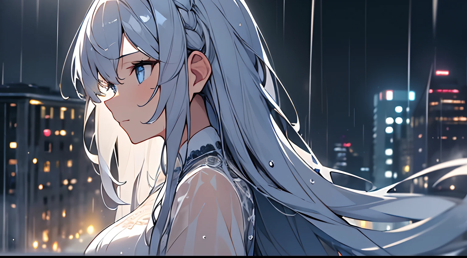 (masterpiece:1.21), (best quality:1.331), ((ultra-detailed)), ((extremely best illustration)), ((amazing)), (hyper quality), Gorgeous and rich graphics, (extremely delicate and beautiful:1.21), 8k, wallpaper, (extremely beautiful lighting), hard light, delicate composition, (perfect conposition), (extremely beautiful and detailed background:1.21), rembrandt style expression of light and shadow, dark tone, (low-key and high-variance colorscale), ((depth of field)), deep shadow, dynamic angle, from side, upper body, radial blur, rain, (city lights, blurry background), (1girl),(beautiful detailed eyes), clear blue eyes, long and silver french braid hair, fatigues, transparent raincoat, wet clothes and wet skin and dripping wet hair, lens flare, string lights, street,, masterpiece, best quality,