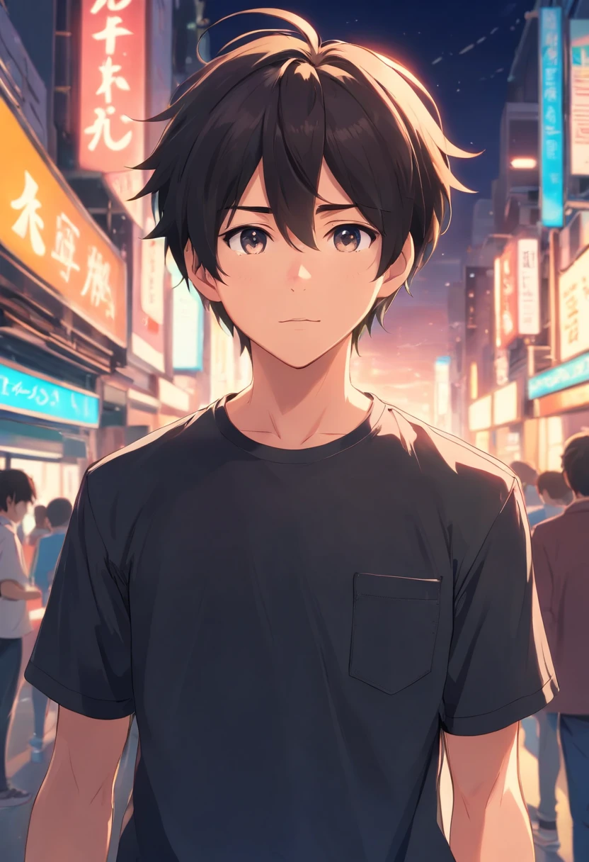 Black shirt，Handsome boy，orthofacial，Pocket in，disdainful expression