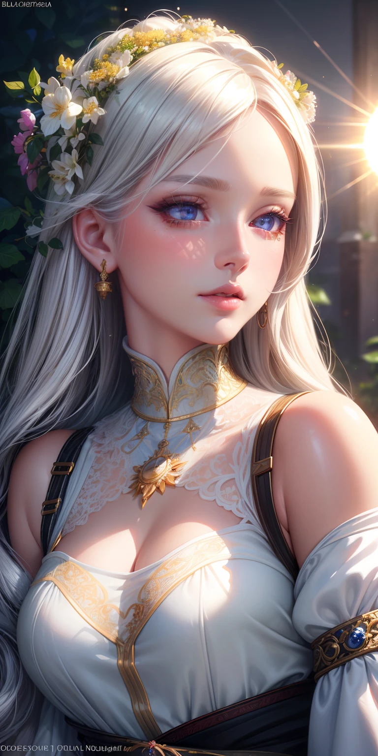 (best quality,ultra-detailed,photorealistic),oil painting,beautiful detailed eyes,beautiful detailed lips,long eyelashes,white hair, glowing eyes,cropped top,dress,blushing,nighttime,flowers,sun,sunlight