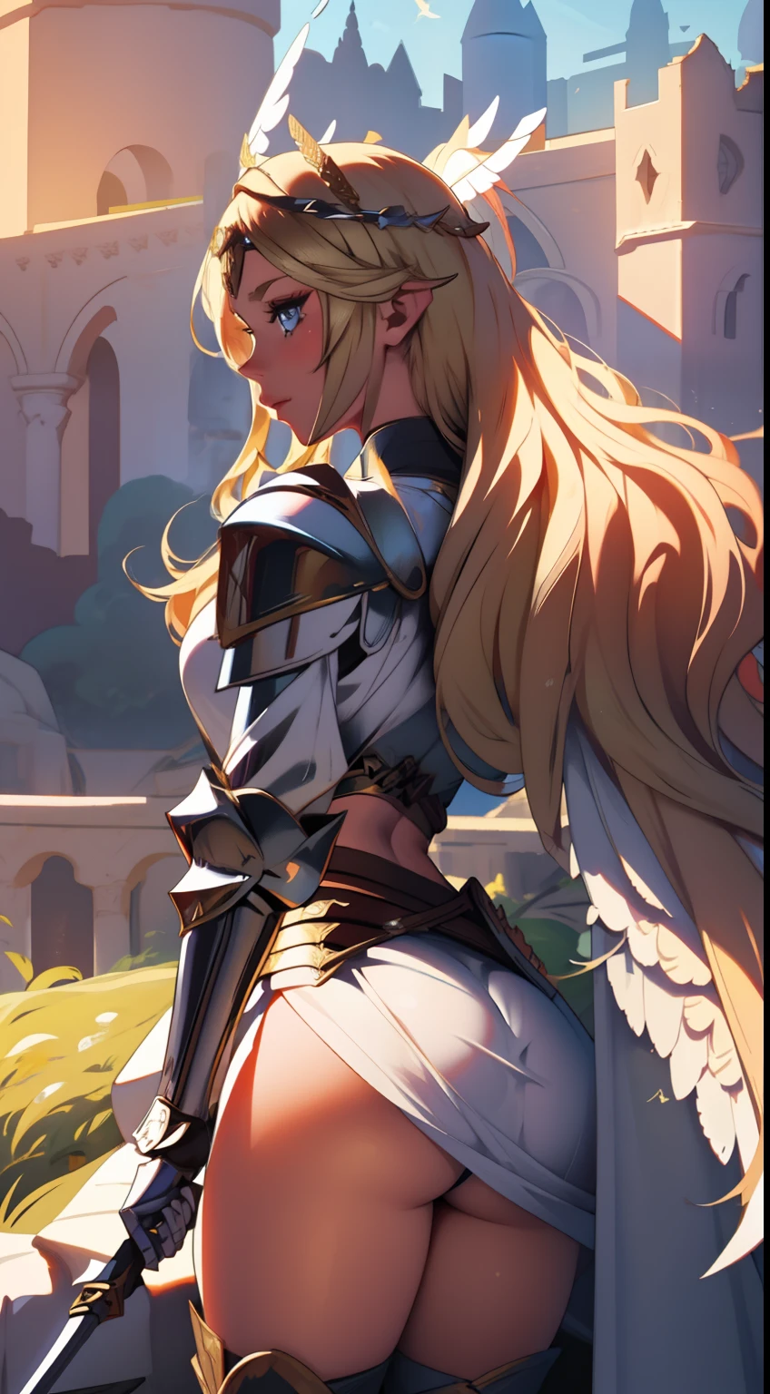 A blonde valkyrie on all fours looking at the viewer, wearing a priestess clothes, beautiful ass, big ass, (extremely detailed face), from behind, 8K resolution, super detailed, high quality, knight, winged helmet, winged headgear,