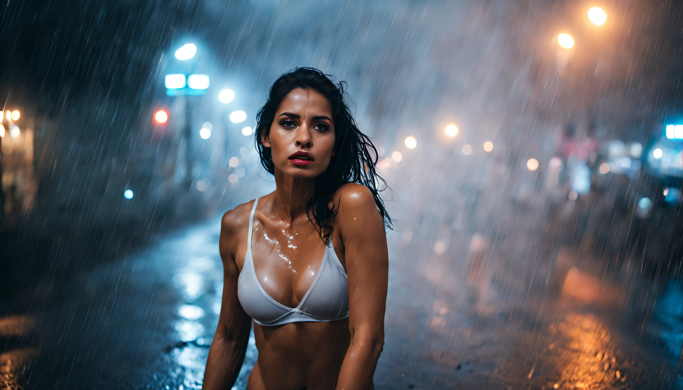 ((((looking camera)))) (((Foto de cuerpo entero de mujer sexy con alas enormes sentada en las calles con humo y niebla, en llamas bajo la lluvia torrencial de la noche, Al otro lado de la ciudad, iluminado por las luces de la ciudad y con todo el cuerpo mojado))). feeling cold. Capta la intensidad de la lluvia que cae sobre la mujer mientras corre. Focus on the woman's facial expression, Showing determination despite the rain. Crea un contraste entre la oscuridad de la noche y las luces de la ciudad que la rodean. Make sure the woman's white T-shirt is soaked and stuck to her body. Use lighting techniques to highlight raindrops in the air and on women's clothing. Make wet streets reflect city lights to create a cinematic atmosphere. The perspective should be from a low angle to emphasize women's vulnerability in the rain... Add flare to city lights to create a bokeh effect in the background. Use cool colors and blue tones to convey the feeling of cold in the image.