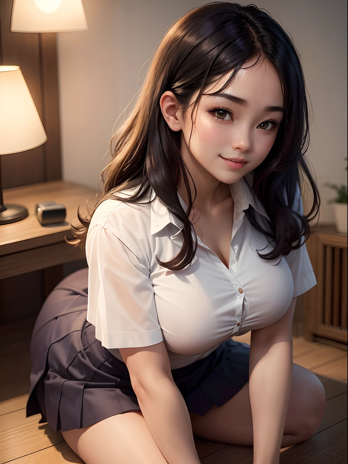 １Woman of Man、top-quality、超A high resolution、Raw photo、(Authentic skin texture:1.3)、Colossal tits、breastsout、Wavy black hair、Picture-perfect face、Professional artwork、((Perfect female body))、Beautiful expression、beauitful face、Seductive look、beautidful eyes、pink colored shirt、skirt by the、Female School Uniform、thighs thighs thighs thighs、s ass、Turned、Show me your ass on all fours、(Show me your sloping buttocks)、upturned ass、Get on all fours with your big butt sticking out towards the viewer、(Immersive atmosphere、Chiaroscuro:1.5、brightened light:1.2、) 、(red blush:0.5)、realisitic:1.3、longshot、(ambient lights:1.3)、Blue sea sand beach、Amazing smile、Cute smile、Laughing