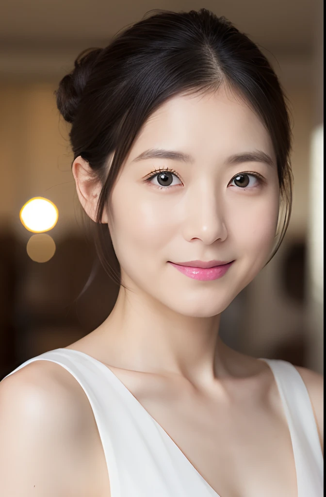 Female in her 30s、One bun hair, Face without makeup, silky white skin, shopping