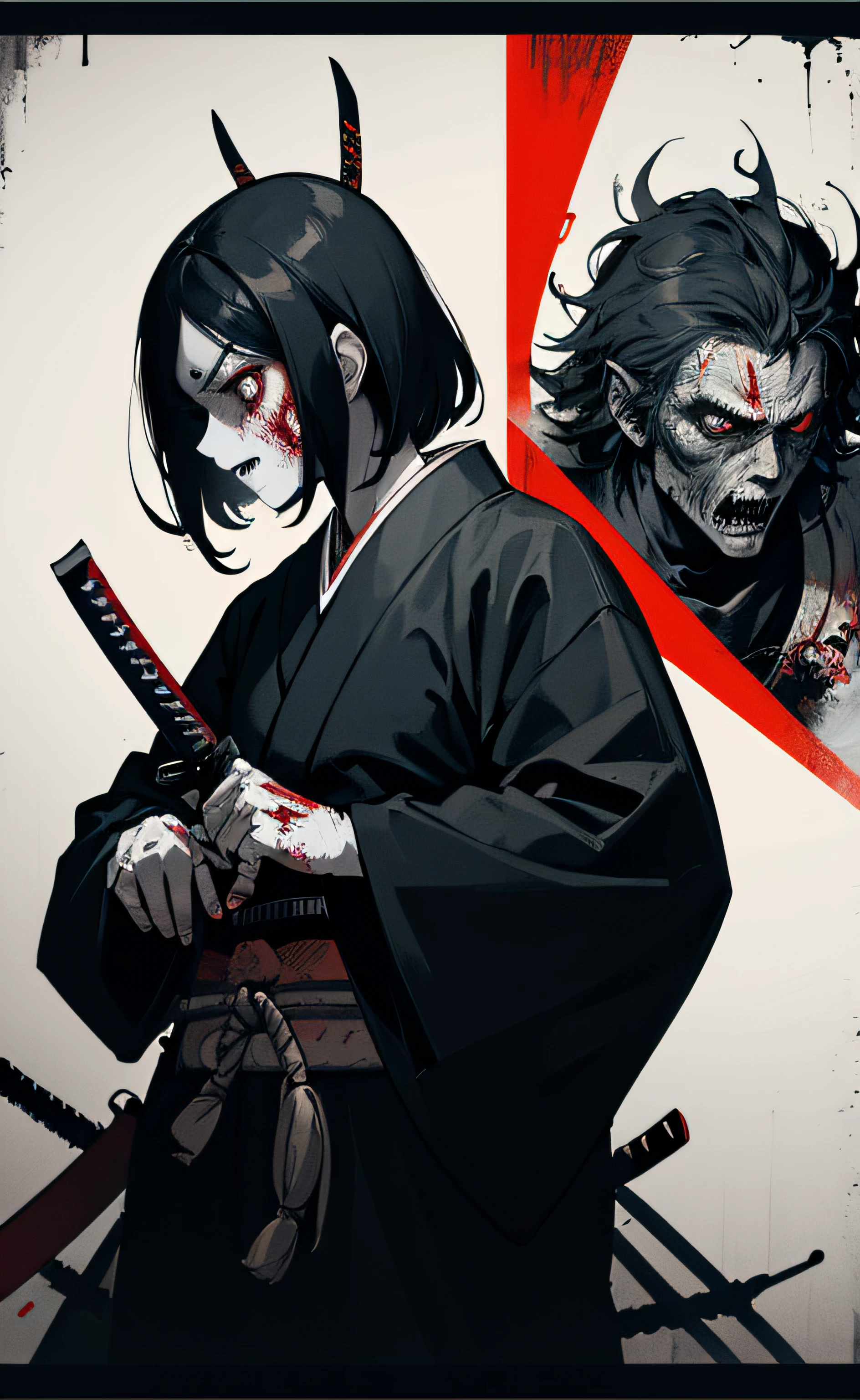 horror thriller movie poster, masterpiece, best quality, zombie samurai, (Bauhaus, shapes, lines, abstract:1.1) japan, katana,