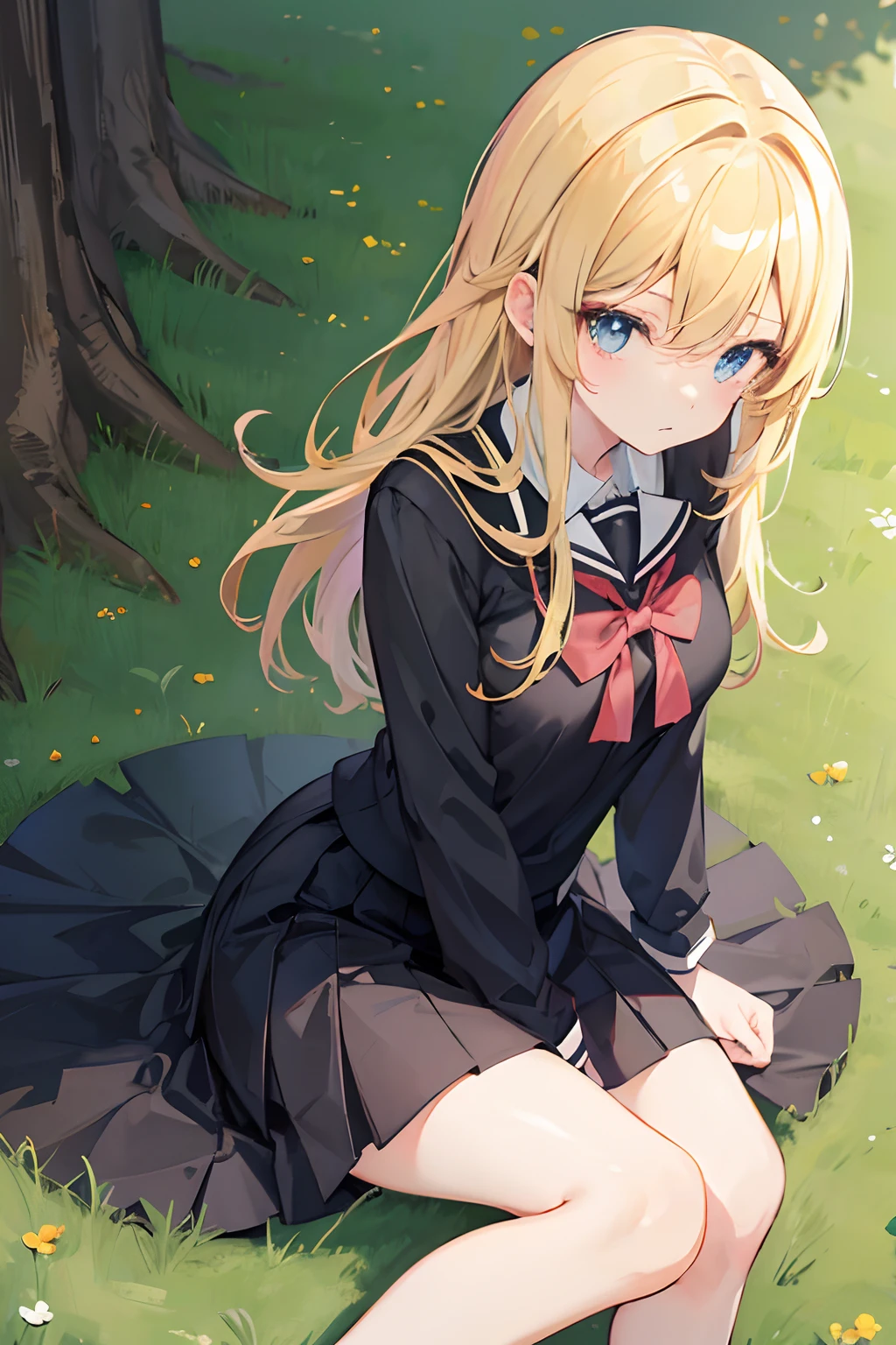 Anime girl cute, tall, blonde hair, 8k wallpaper, thighs, dark black school girl clothes, slim, sexy, sitting on grass