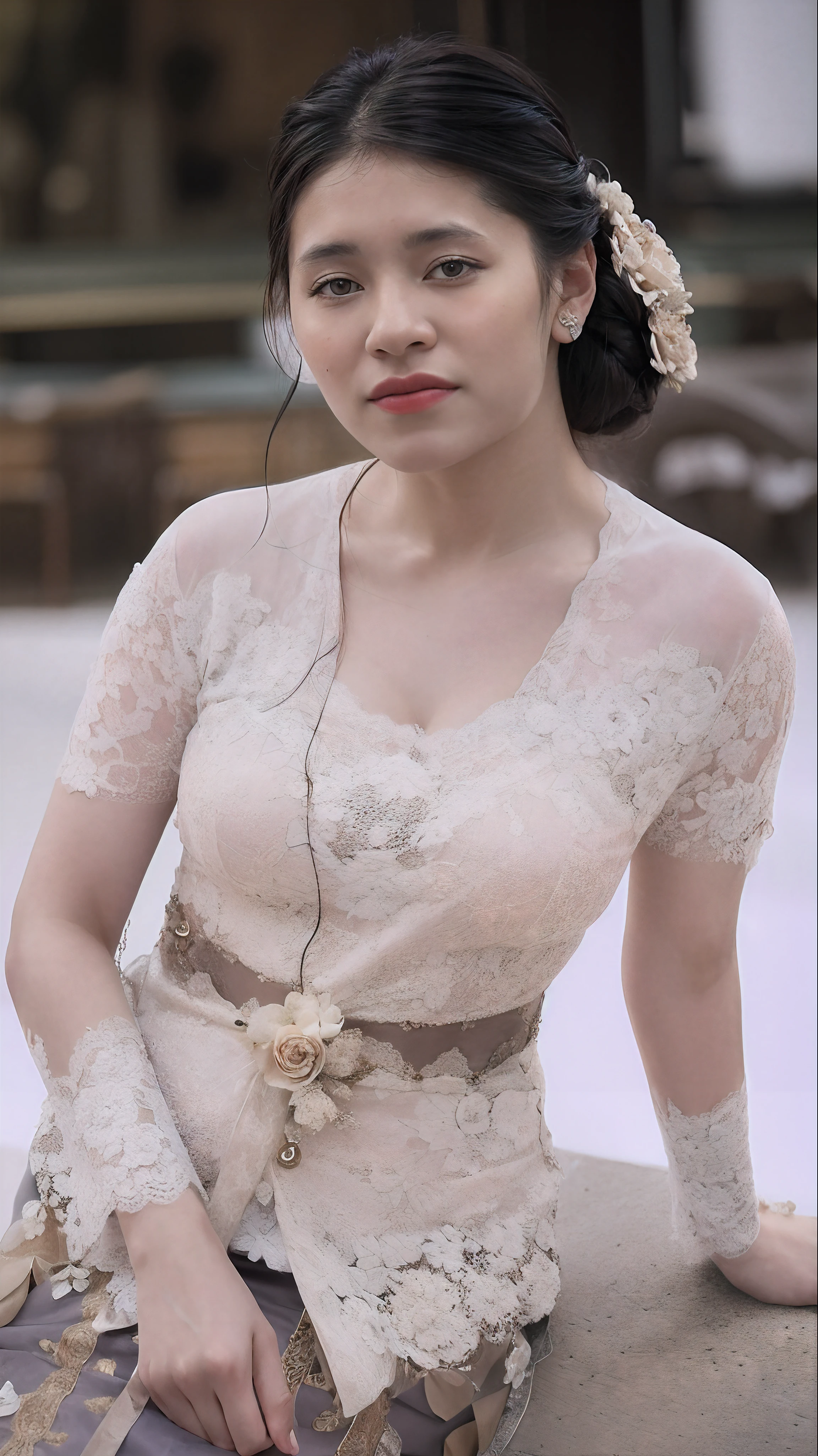 High quality image, masterpiece, detailed hair texture, detailed skin texture, detailed cloth texture, 8k, add fabric details, ultra detailed skin texture, ultra detailed photo, skin pores, cloth details, high skin details, realistic hair details, there is a woman sitting on a ledge with a flower in her hair, close up half body shot, bride, waist - shot, lace, closeup - view, close up details, side view intricate details, detailed dress and face, wearing ivory colour dress, pose 1 of 1 6, wearing a wedding dress, inspired by reyna rochin, wearing organza gown, wearing kebayas