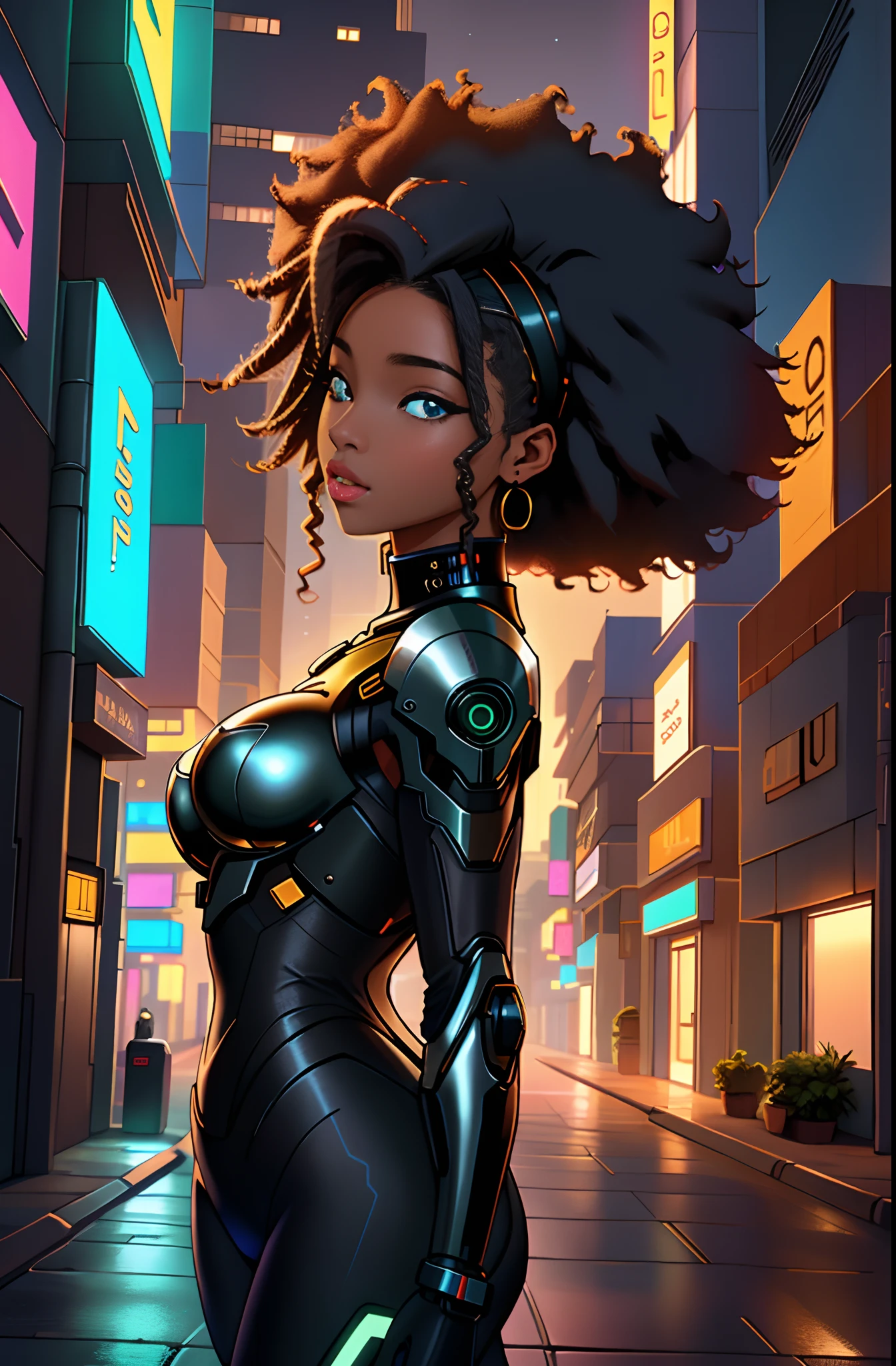 ((NSFW)), StormiMaya, (foco nítido:1.2), Stormi Maia, retrato, mulher atraente, (rosto bonito:1.1), olhos detalhados, delicious lips, (delineador:1.2), (mascara), (cabelo luxuoso afro:1.3), (perfeito seios redondos:1,0), Cyberpunk, (A sidewalk in a cyber city: 1.2). (warm sunset lighting: 1,2), profundidade de campo, Bokeh, 4k, HDR. por (Tiago C. Christensen:1.2 | Jeremy Lipking:1.1), nu, seios pequenos, seios bonitos, seios para baixo