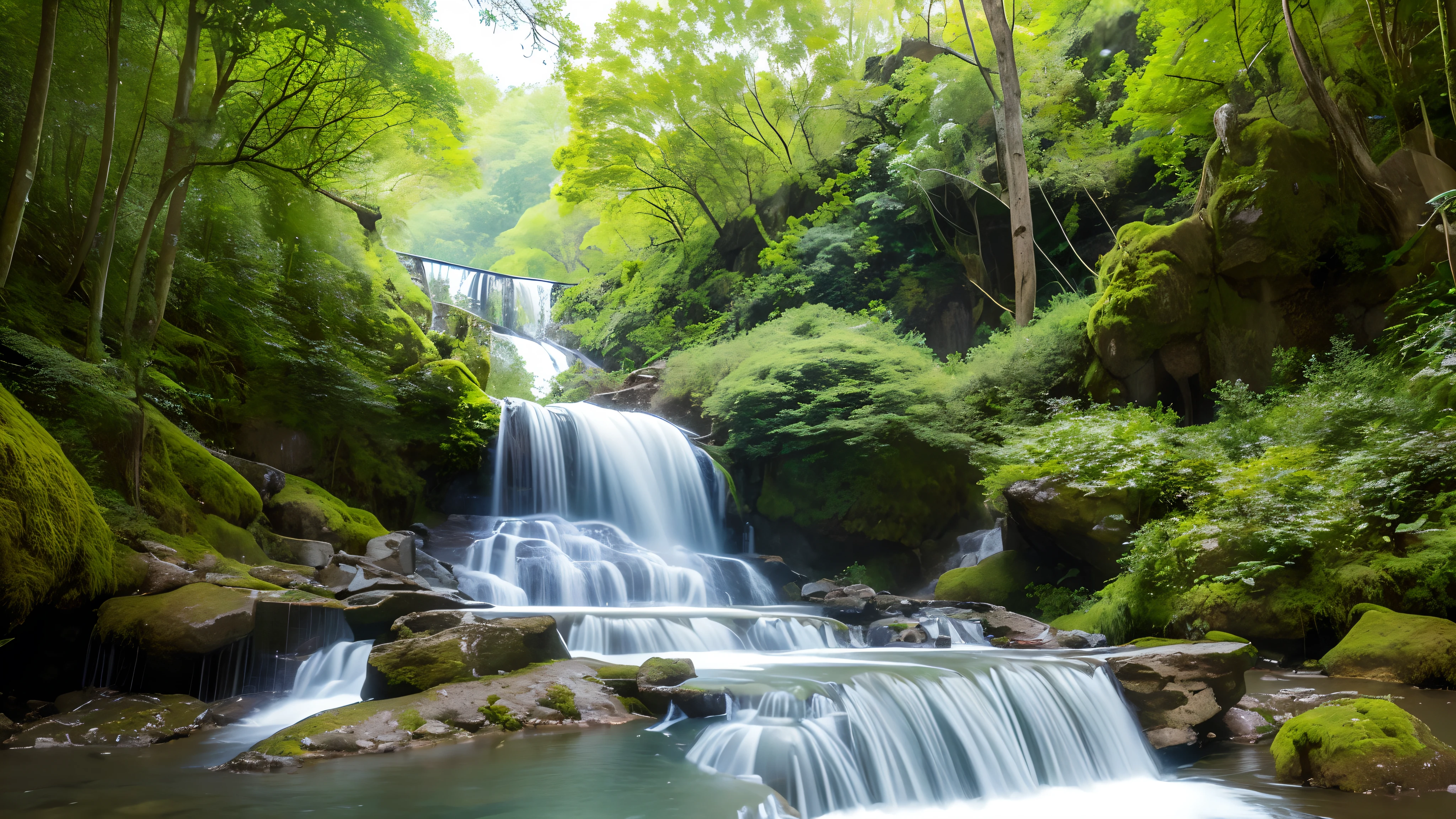 A lush green forest with towering trees and a crystal clear river running through it, with strange new plant and animal species, The trees are unlike any that have ever been seen before, with gnarled branches and leaves of all shapes and sizes, The river is teeming with fish and other aquatic life, all of which are new to science, In the background - a waterfall cascades down a cliff face, surrounded by exotic plants and flowers.