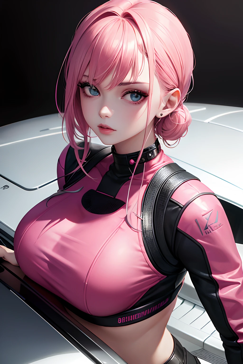 high angle photo of a gorgeous young woman in the style of cyberpunk, realistic skin texture, looks up,pink sweatshirt,posing on a car, 1 / 2 body crop, 8 5 mm art lens, f 1. 2, sharp focus, 8 k high definition, insanely detailed, intricate, elegant, art by stanley lau and cyberpunk