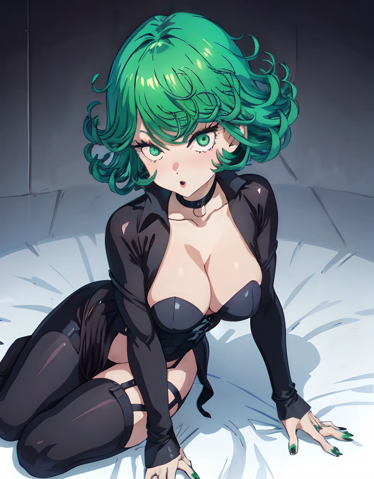Tatsumaki, 1girl, marin kitagawa, black lips, black nails, anime - style illustration of a woman in a corset and lingersuit, tatsumaki from one punch man, tatsumaki, commission for high res, tatsumaki with green curly hair, small curvy , fullbody commission for, highly detailed exquisite fanart, full body portrait of a short!, lolidress, 8k high quality detailed art, cleavage, exposed shoulders, goth, gothic,