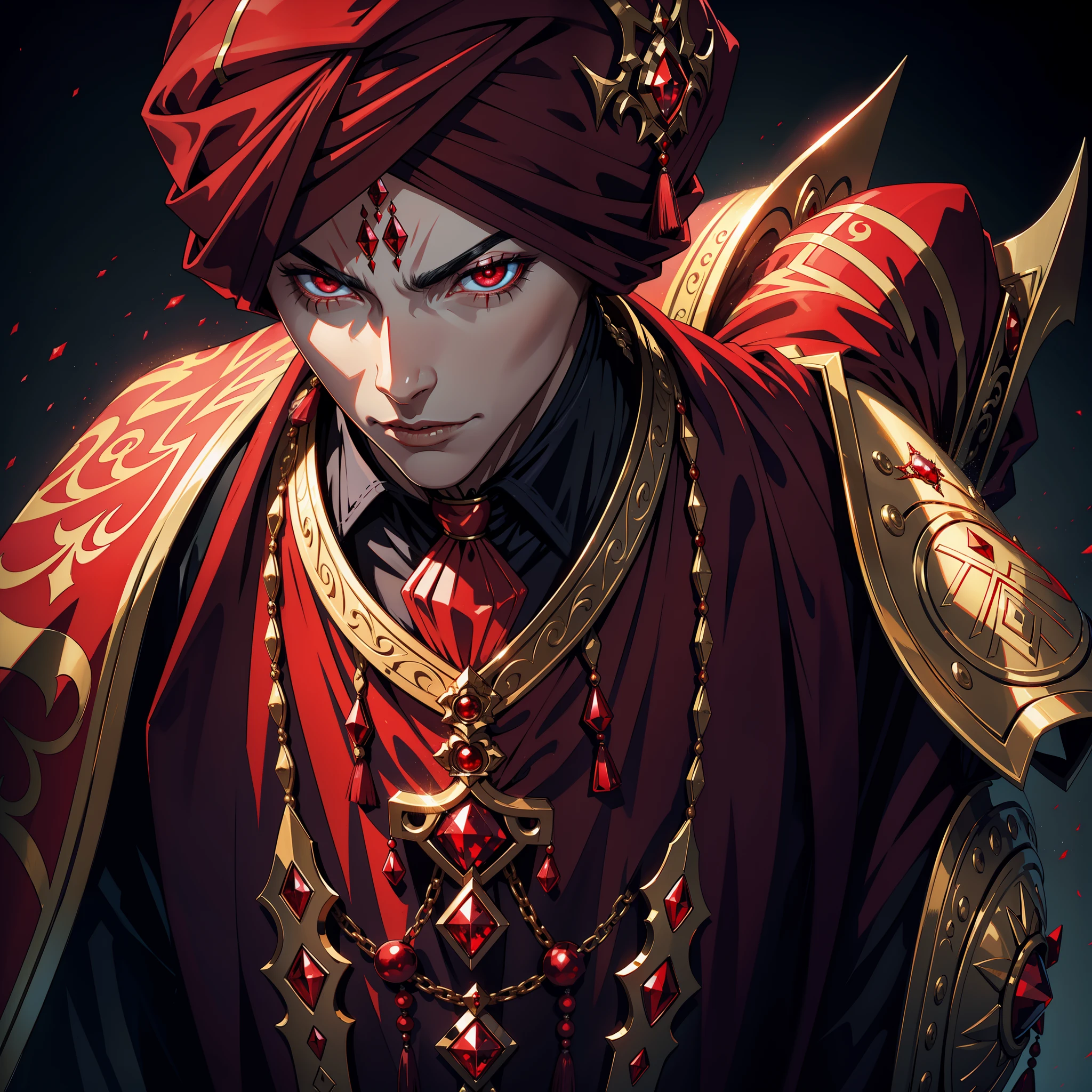 Hyper Realistic Lord Dracula with red traditional Moroccan turban Arabic red glowing crystal eyes mature scary Legendary face