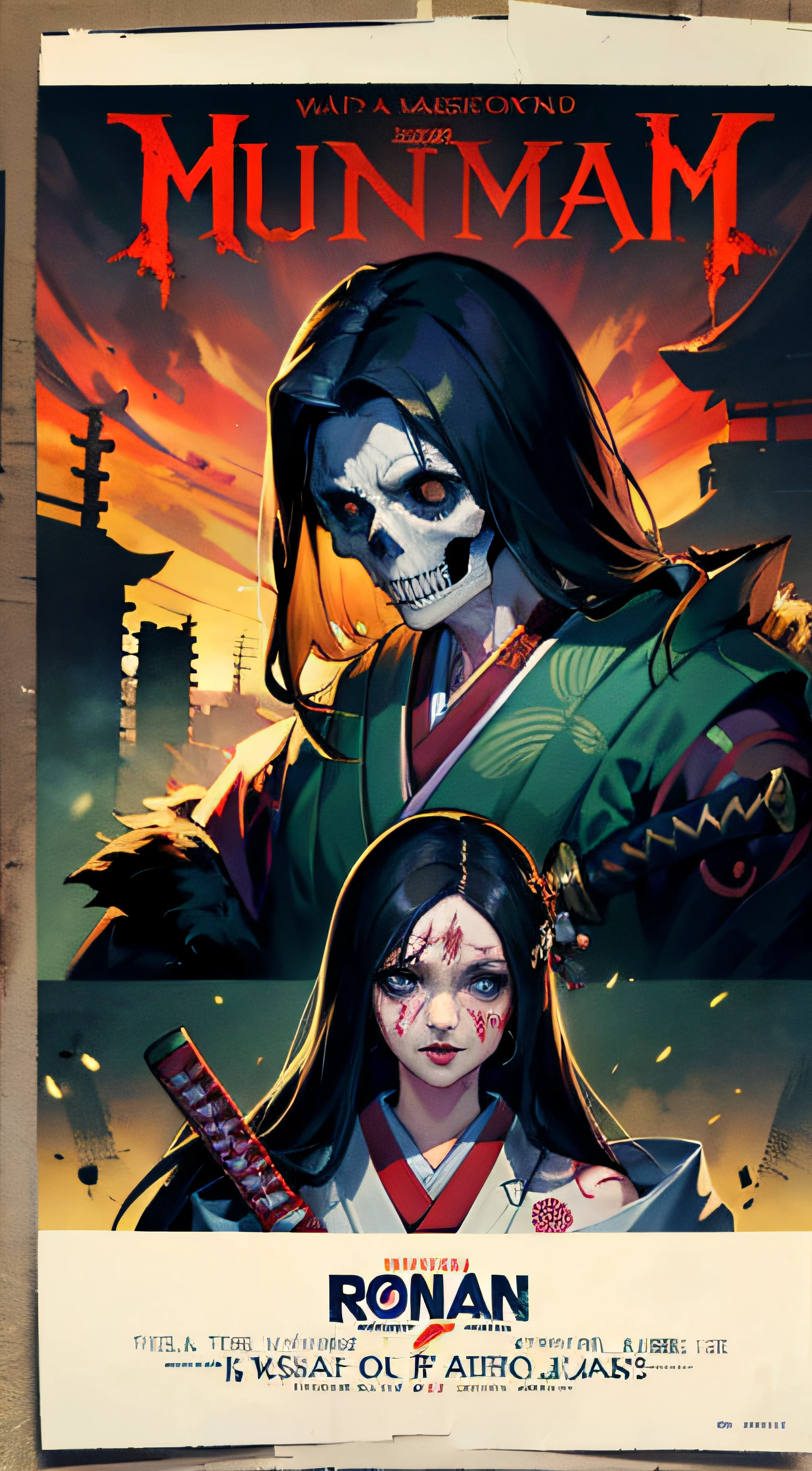Movie Poster, horror Movies,Movie Based Foundation (((man))), (((masterpiece))), (((AS-Adult))), ((( Japanese ))), zombie ronin, ((( Asian))), katana, rotting flesh, skull, Simon Bisley, For high-resolution movie posters, hair straight, tribal tattoos, Japan