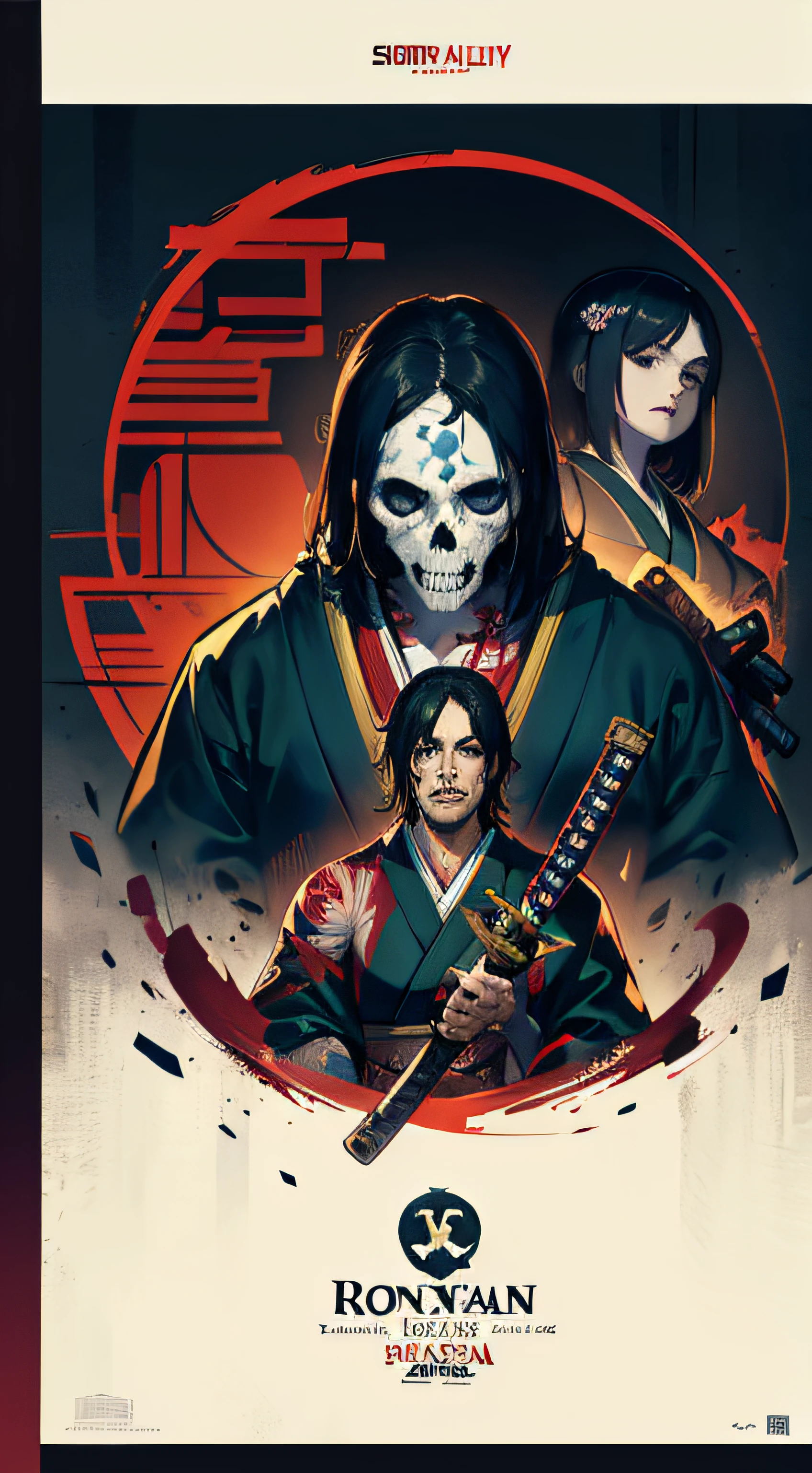 Movie Poster, horror Movies,Movie Based Foundation (((man))), (((masterpiece))), (((AS-Adult))), ((( Japanese ))), zombie ronin, ((( Asian))), katana, rotting flesh, skull, Simon Bisley, For high-resolution movie posters, hair straight, tribal tattoos, Japan