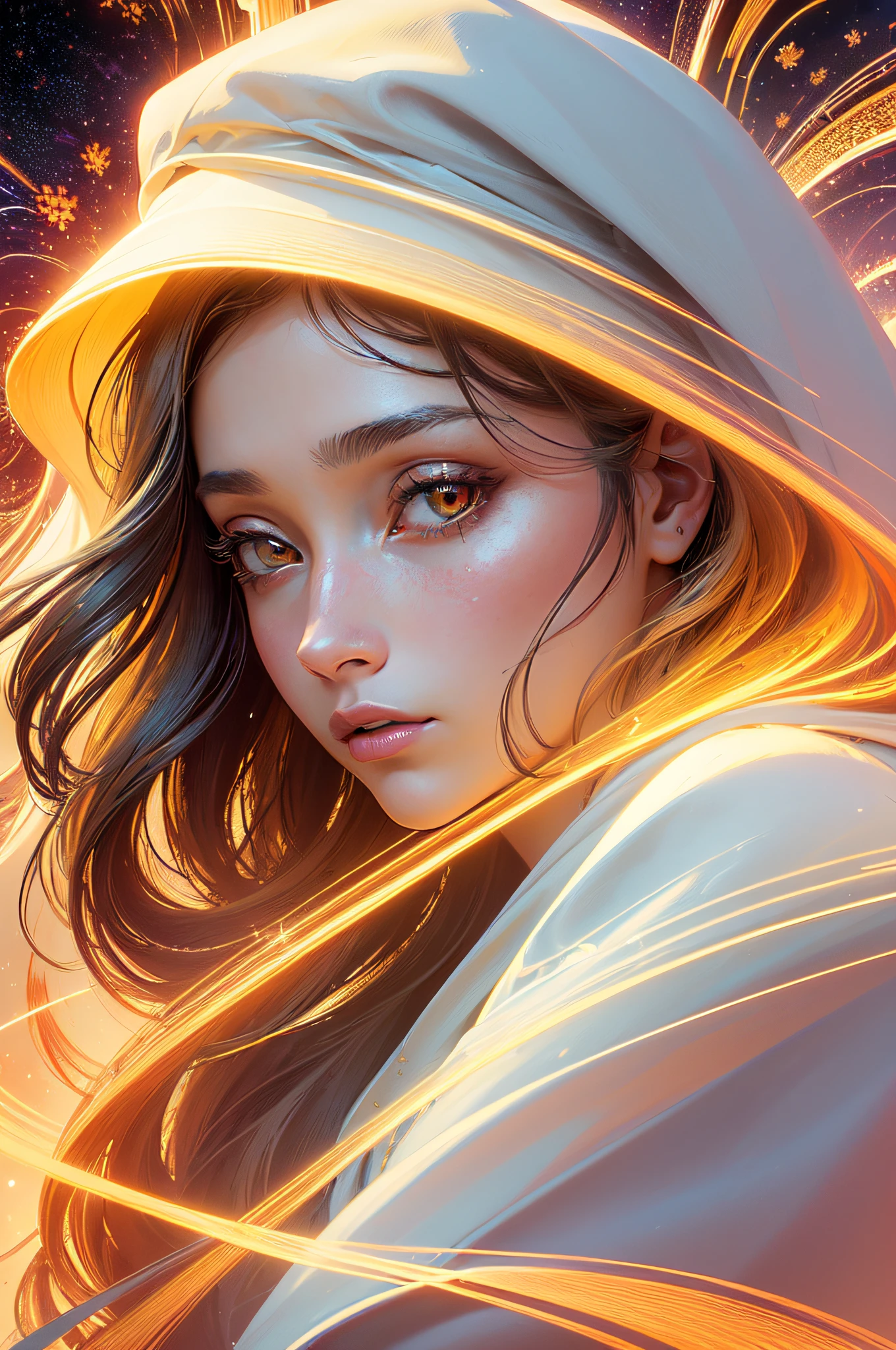 (masterpiece, top quality, best quality, official art, beautiful and aesthetic:1.2), (1girl), extreme detailed eyes, (fractal art:1.3), colorful, highest detailed, (perfect face), shiny skin, HDR, (white cloak golden lines:1.2), galaxy, (light streaks), striking visuals, (dynamic streaks, luminous trails:1.2), vibrant colors, (phoenix), (dragon)