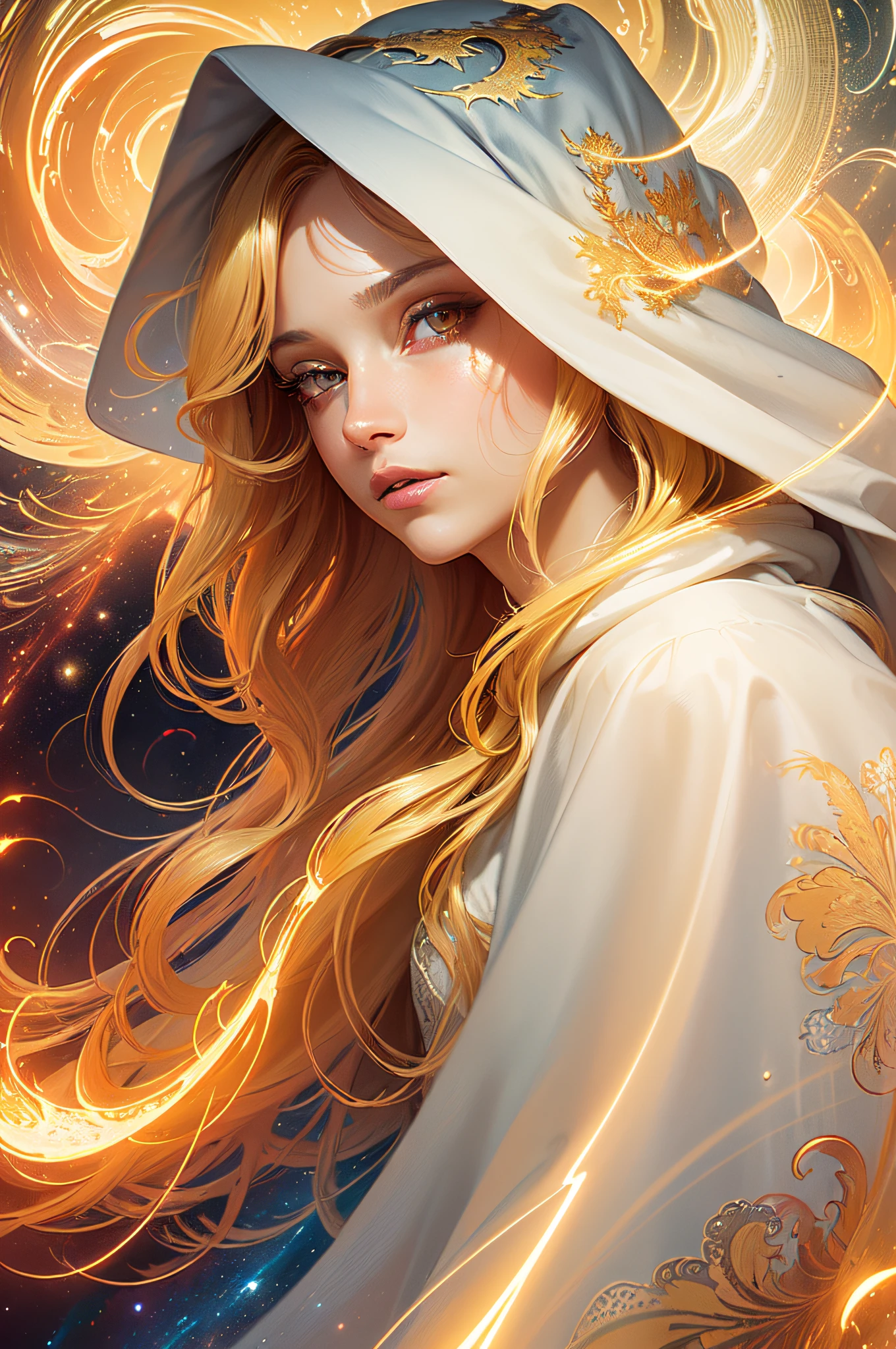 (masterpiece, top quality, best quality, official art, beautiful and aesthetic:1.2), (1girl), extreme detailed eyes, (fractal art:1.3), colorful, highest detailed, (perfect face), shiny skin, HDR, (white cloak golden lines:1.2), galaxy, (light streaks), striking visuals, (dynamic streaks, luminous trails:1.2), vibrant colors, (phoenix), (dragon)