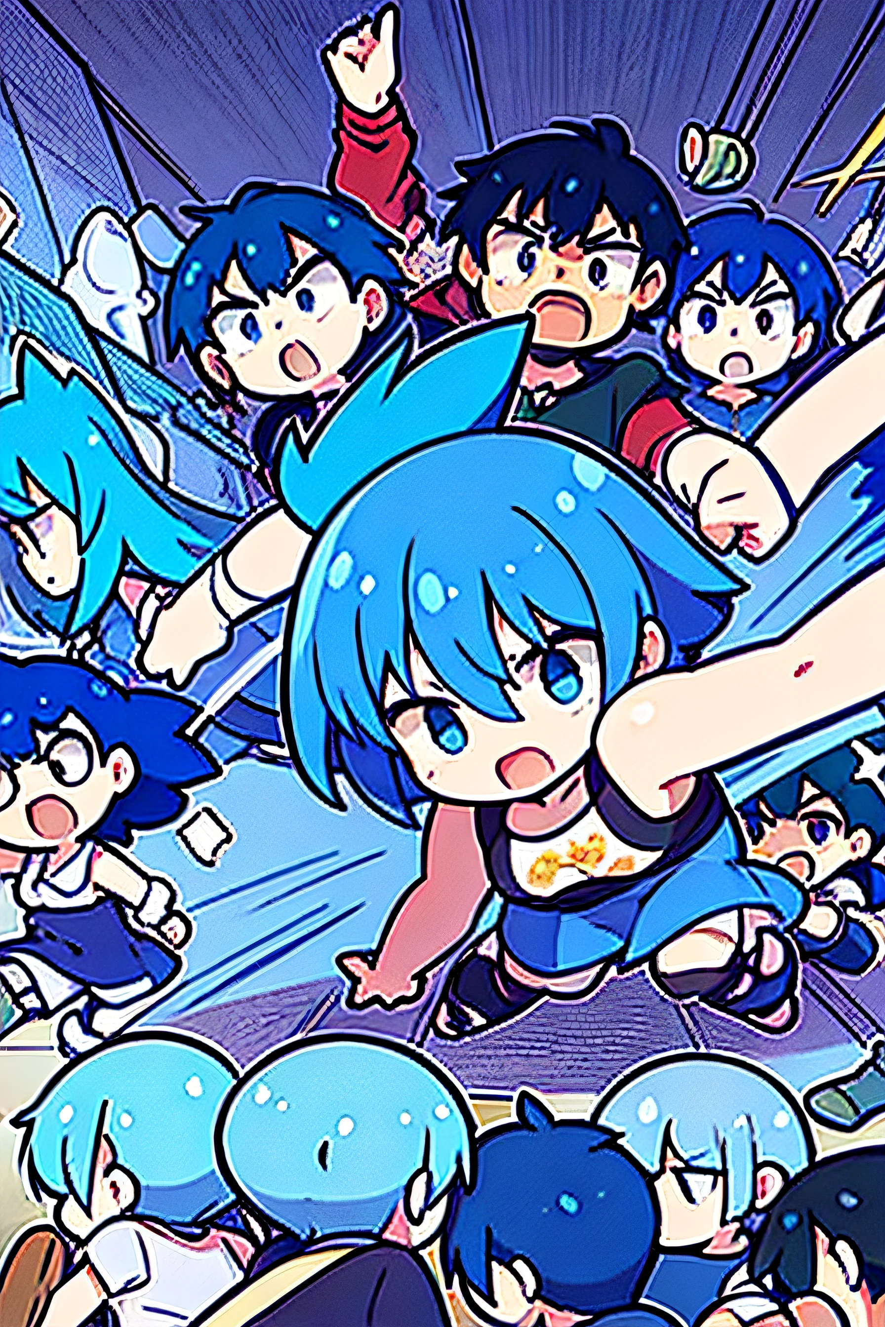 Blue hair A large group of small children fight