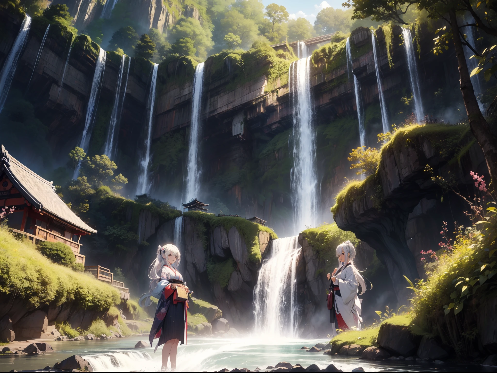 1 girl , stumbling, dutch angle ,character focus ,Japanese clothing, scared, open mouth,background waterfall,high resolution,(incredibly absurdres),anime visual,extremely detailed CG unity 8k wallpaper, ((masterpiece)), ((top-quality)), (beautiful illustration), ((an extremely delicate and beautiful))