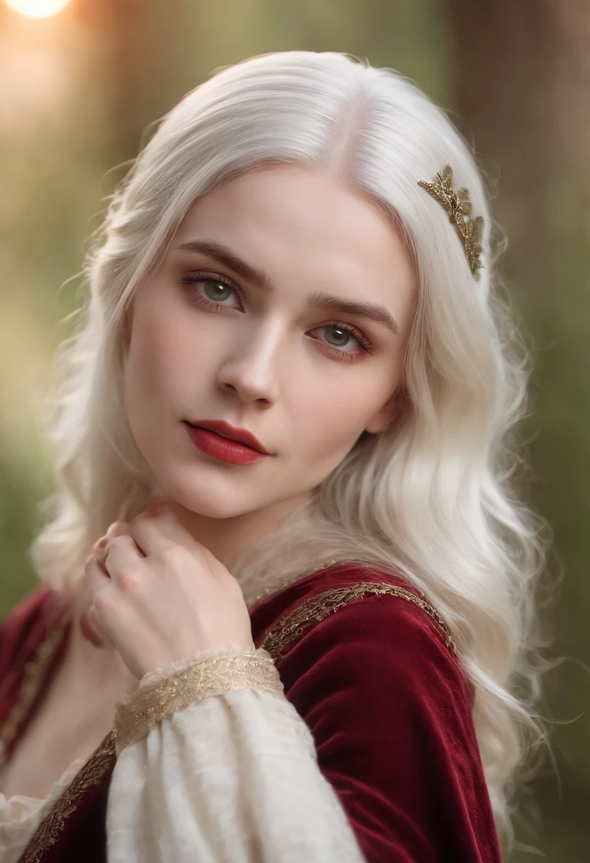 (((a deep reddish wound crosses her left cheek))) fair complexion, woman around 19 years old, natural white hair, distinctive green eyes, wearing kohl, slender and graceful, beautiful, candlelight in a medieval setting, ultra sharp focus, realistic shot, medieval female clothes, tetradic colors (scar:1.4)