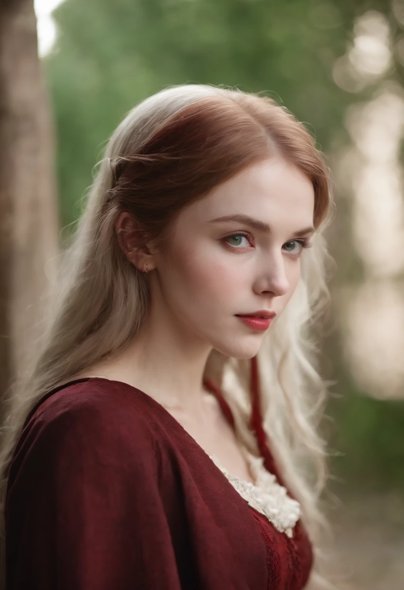(((a deep reddish wound crosses her left cheek))) fair complexion, woman around 19 years old, natural white hair, distinctive green eyes, wearing kohl, slender and graceful, beautiful, candlelight in a medieval setting, ultra sharp focus, realistic shot, medieval female clothes, tetradic colors (scar:1.4)