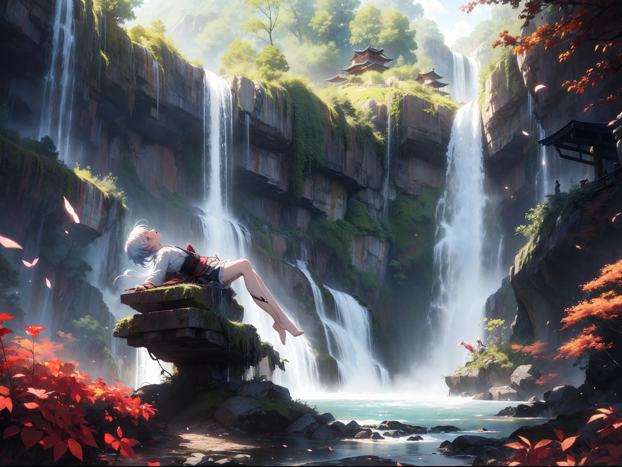 1 girl , Falling on her back from the top of a waterfall , floating , cinematic angle ,character focus ,Japanese clothing, scared, open mouth ,high resolution,(incredibly absurdres),anime visual,extremely detailed CG unity 8k wallpaper, ((masterpiece)), ((top-quality)), (beautiful illustration), ((an extremely delicate and beautiful))