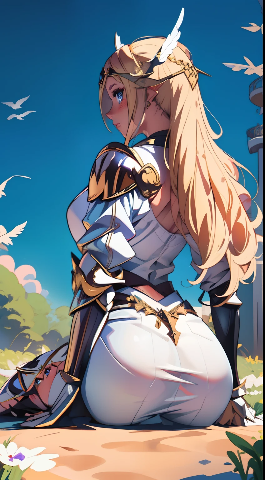 A blonde valkyrie on all fours looking at the viewer, wearing a priestess clothes, beautiful ass, big ass, (extremely detailed face), from behind, 8K resolution, super detailed, high quality, knight, winged helmet, winged headgear,