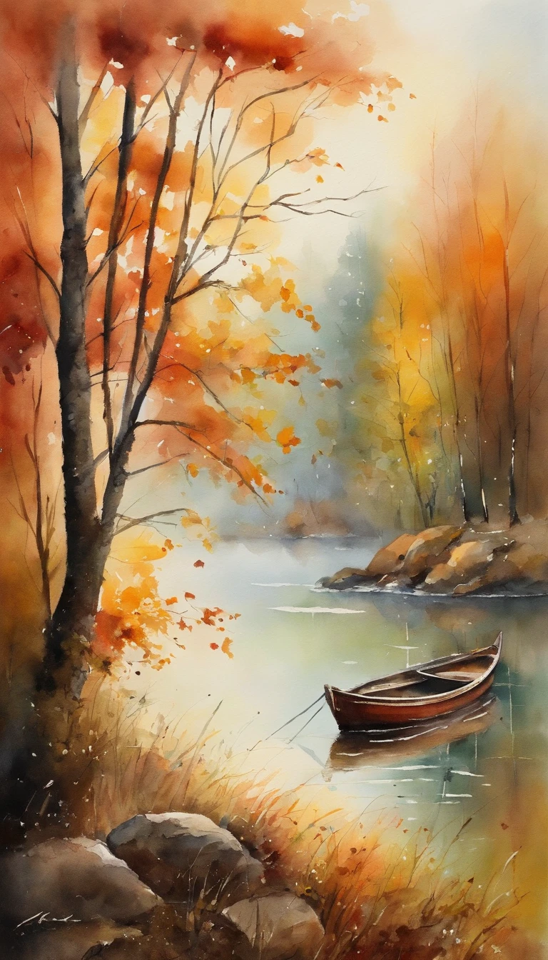 tmasterpiece, top-quality, high detal, Impressionism, Autumn morning, Cruise along the lake in the morning mist, haze, Cinematic light,