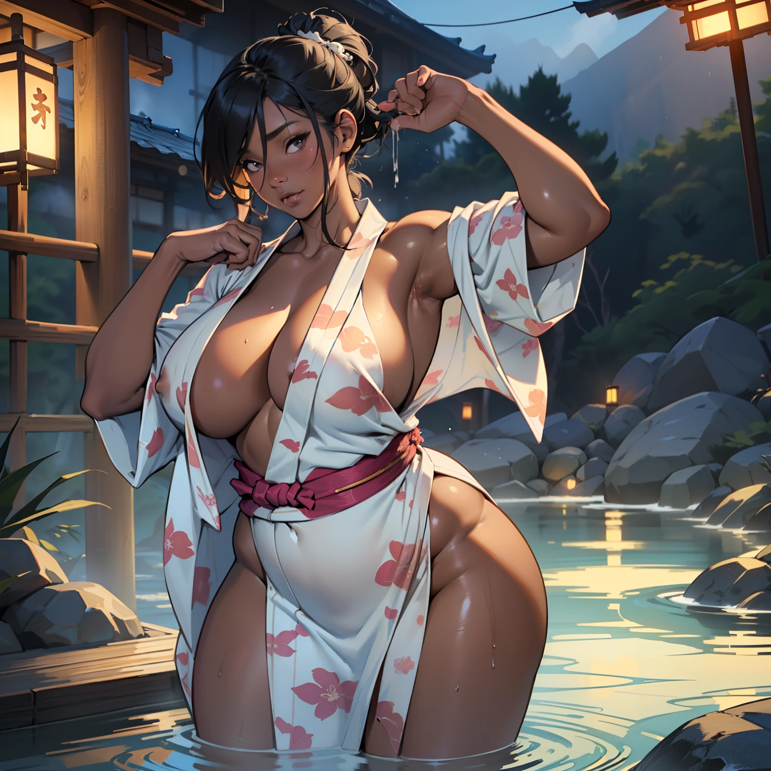 there is woman that is walking out onsen,(((A MILF: 1.4))), (Curvy:1.35),(((Dark skin))),Curvy physique,, Thick body,((big nipple)),((Completely naked)), (((pinching nipple in yukata))),((spilled milk)),(sexy pose),((pubic hair)), high-end onsen, Onsen, sakimichan, model in Japan,((Sexual suggestiveness)),