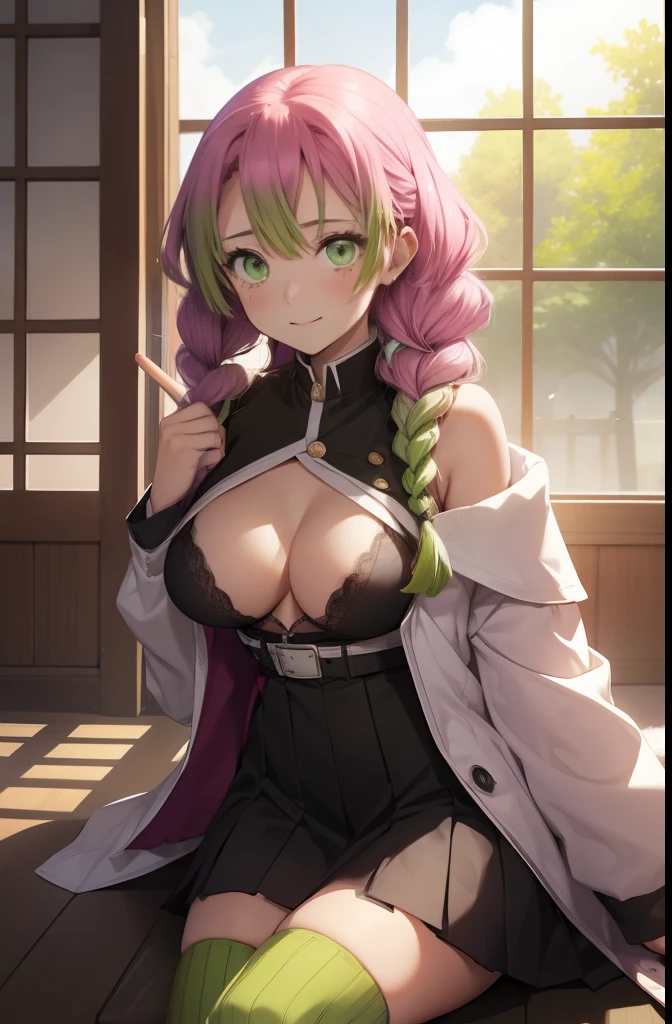 Mitsurikan Log, mitsuri kanroji, braid, Gradient Hair, (Green eyes:1.5), Green hair, Long hair, Mole, Mole under the eyes, multicolored hair, Pink hair, Twin braids, Two-tone hair,
Brake belt, Black skirt, cleavage, coat, demon slayer uniform, haori, Komono, Long sleeves, Miniskirt, partially unbuttoned, Pleated skirt, Skirt, uniform,
BREAK looking at viewer,
Break indoors,
BREAK (masutepiece:1.2), Best Quality, High resolution, Unity 8k壁纸, (Illustration:0.8), (Beautiful detailed eyes:1.6), extra detailed face, Perfect Lighting, extremely details CG, (Perfect hands, Perfect Anatomy),colourful hair, The whole body is reflected, (Off-the-shoulder costumes:1.5), ((chest wide open and exposed)), (Smile),((She flips up her jacket to reveal her bra)),