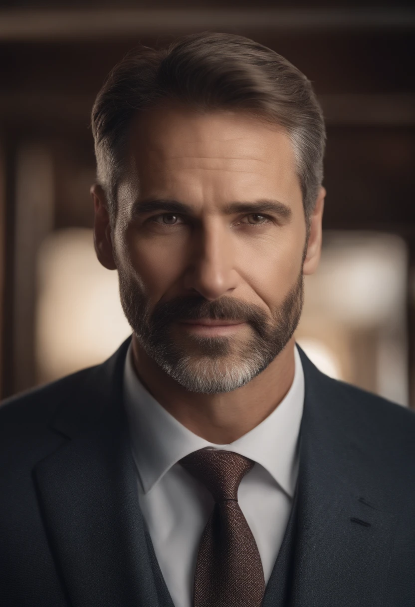 realistic portrait of middle-aged business professional, 110 pounds weight, professionally dressed in a suit and tie, high-quality, highest resolution, professional, beautiful detailed eyes slightly brownish, beautiful detailed lips, short beard, graying short hair, kind expression, warm smile, distinguished look, equal lighting, subdued colors, canvas medium, ultra-detailed texture,masterpiece:1.2