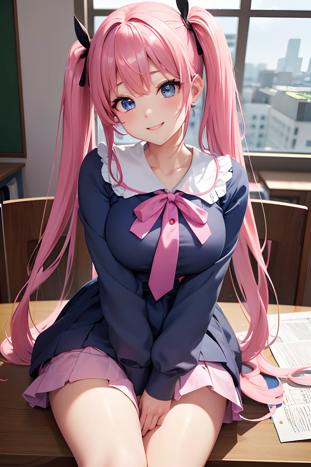 Extraordinarily cute and beautiful high school girl、Plump and glossy lips、Moles under the eyes、Beautiful blue eyes、Shocking pink twin tail hair、Dark Blue Jacket Pink Mini Skirt、Pink ribbon、white shirt、Very dense and very beautiful adult big smile face、Inside a school classroom、From the knee up、gazing at viewer、Looking here、Classroom、Photorealsitic、Computer Graphics Art、。.。.。.。.。.3D、hight resolution、top-quality、full body Esbian、8K Character Concept、32K、pixiv、illustratio、 ultra-detailliert、hyperdetailed face、Megapixel、 Ultra High Definition HDR、Clair、Overdecoration