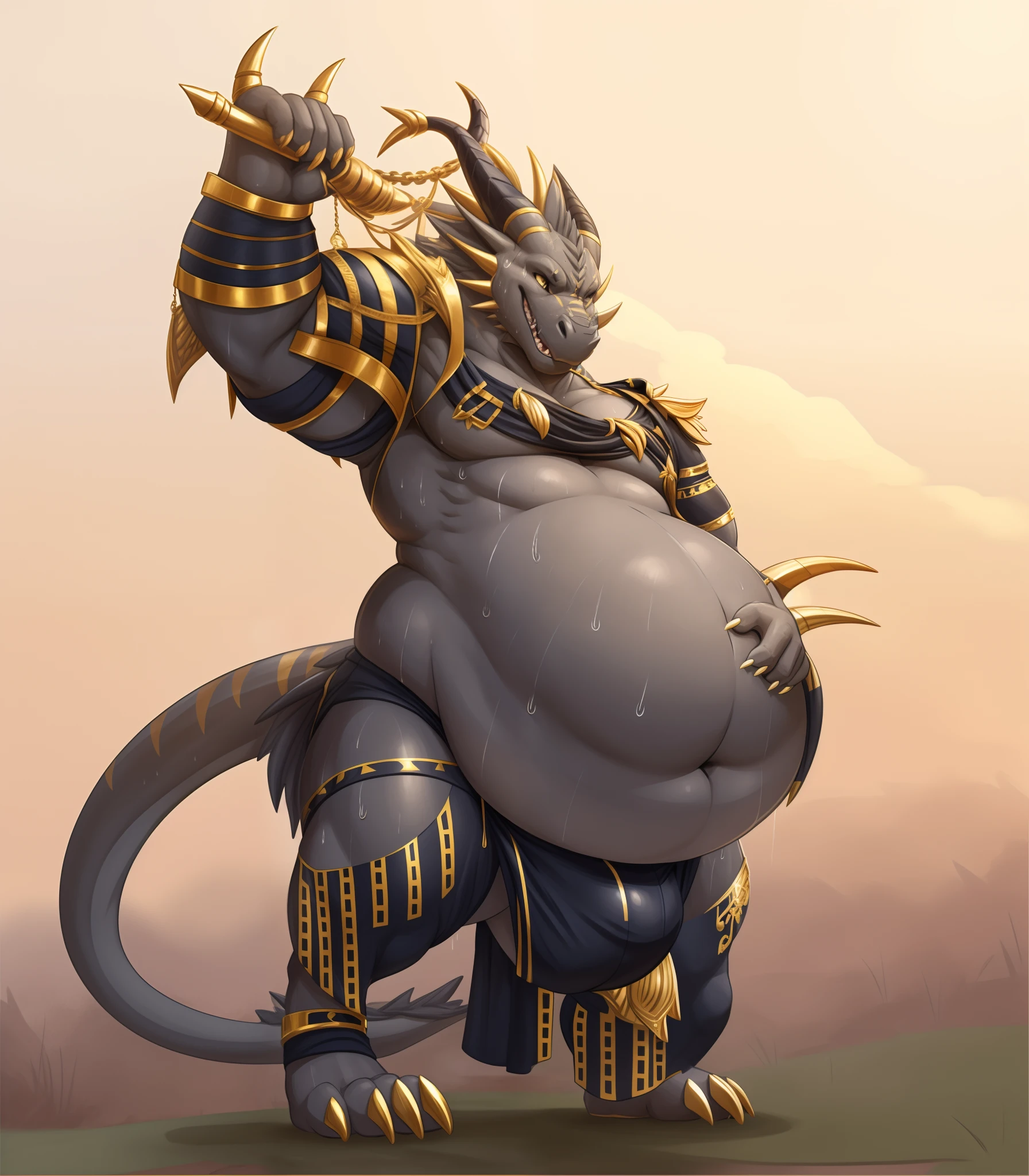 Bulge, black anthro dragon, gold accents, gold stripes, sweating, sweat, ((sweating belly)), grey belly, fat, growing belly, belly, ((big navel)), fatfur, 3 toes, ((big belly)), ((deep navel)),