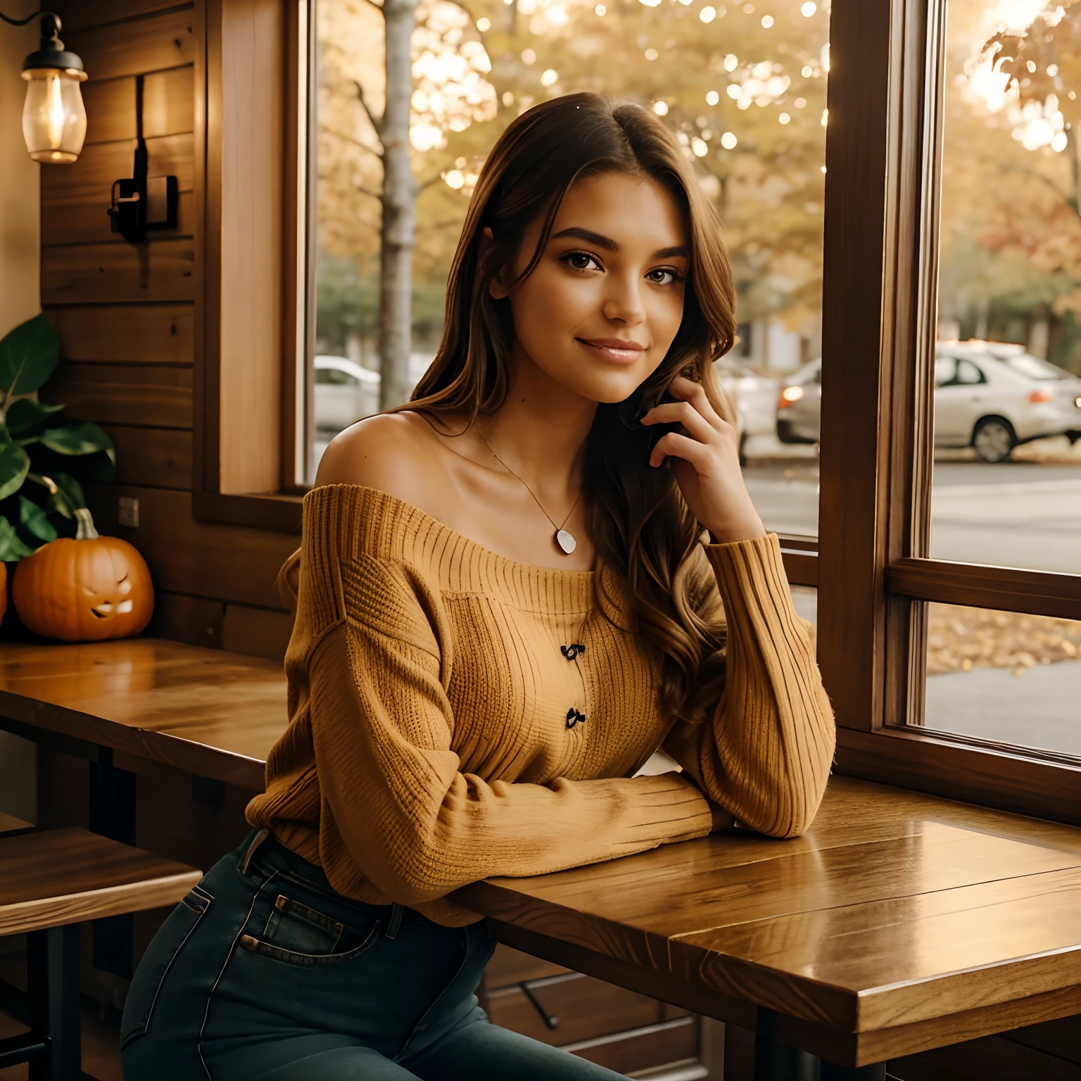 Generate captivating photographs of Autumn, the enchanting influencer, as she indulges in the seasonal delight of a pumpkin spice latte. Autumn, in her mid-20s, stands around 5'4" tall, with long, wavy chestnut hair gracefully draping over her shoulders. Her athletic hourglass figure, elegantly accentuated by a full bust, pairs beautifully with her flawless, sun-kissed tan. Autumn's expressive brown eyes radiate charisma, mirroring her relaxed and confident demeanor.
Autumn's cozy chic ensemble perfectly captures the essence of the season. She wears an alluring off-the-shoulder sweater in an inviting color, showcasing her neckline and collarbone. Paired with snug-fitting, high-waisted jeans, this ensemble highlights her figure with sophistication.
The charming, rustic coffee shop setting immerses Autumn in the warmth of fall, adorned with autumnal decor that enhances the cozy ambiance. Soft, diffused lighting envelops her in a golden glow, creating an inviting atmosphere. The surroundings include cozy seating, rustic wooden tables, and the rich aroma of freshly brewed coffee, all capturing the essence of Autumn's delightful pumpkin spice latte experience.
In candid moments, Autumn enjoys her latte, lost in thought while gazing out of the window or sharing a bright smile. The photos capture the coziness and tranquility of the coffee shop, reflecting the simple joy of sipping a warm, whipped cream and cinnamon-topped beverage. Natural lighting enhances the inviting atmosphere, bringing to life the essence of Autumn's heartwarming coffee moments.
With intense makeup, a cozy atmosphere, and features that are meticulously symmetrical, the photos embrace photorealistic techniques like path tracing, specular lighting, volumetric face light, path-traced hair, visible shadows, and intricate details. This creates an elaborate and hyper-realistic portrayal of Autumn's heartwarming pumpkin spice latte moments.