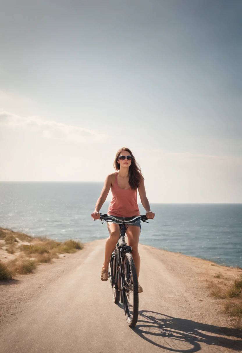 Woman on bicycle riding around the sea realistic landscape photo
