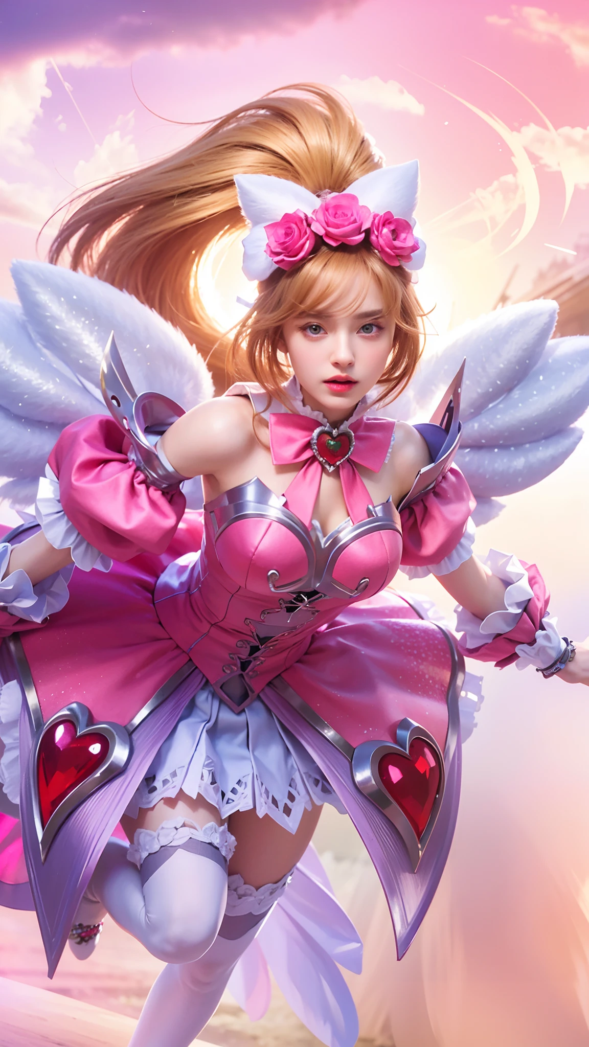 (female:1.2), 8k, ultra hd, ultra detailed texture, hyper realistic, masterpiece, detailed texture, detailed face, detailed skin, detailed lighting, (photorealistic:1.5), best quality, beautiful lighting, cinematic lighting, professional lighting, ultra highres, realistic, detailed hair, real hair, high quality, (realskin:1.5), extremely detailed, finely detail, ultra-detailed, 1girl, elf, solo, standing, pointy ears, (blue eyes:1.2), pink lips, parted lips, smile, make up, pretty, beautifull, cute face, wonderland, eye shadow, very long hair, high ponytails, blonde hair, bangs, hair ornament, bare shoulder, armor shoulder, silver armor, detached sleeves, pink sleeveless, pink dress, magical girl, pink skirt, pauldrons, frills, large breasts, cleavage, strapless, armpits, thigh high, covered stomach, pink rose, hair bow, pink ribbon, bowtie, heart, detached collar, wrist cuffs, puffy sleeves, miya \(mobile legends\), looking aways, amazing pose, light particles, hair ornament, ruby, white skin, skin tight, blurry background, wings, dream fantasy background