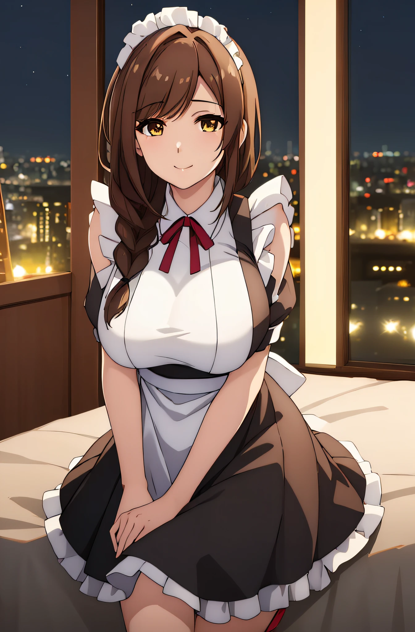 (Night:1.7), Japan, Tokyo, CityView, Before Window,
Standing at attention,
maid, maid headdress, maid apron, maid_Dress,
brown_eyes,brown_hair,braid,
1 girl, 20yo,mature female,Beautiful Finger,Beautiful long legs,Beautiful body,Beautiful Nose,Beautiful character design, perfect eyes, perfect face,
looking at viewer, Light_Smile,
NSFW,official art,extremely detailed CG unity 8k wallpaper, perfect lighting,Colorful, Bright_Front_face_Lighting,
(masterpiece:1.0),(best_quality:1.0), ultra high res,4K,ultra-detailed,
photography, 8K, HDR, highres, absurdres:1.2, Kodak portra 400, film grain, blurry background, bokeh:1.2, lens flare, (vibrant_color:1.2)
(Beautiful,large_Breasts:1.4), (beautiful_face:1.5),(narrow_waist),