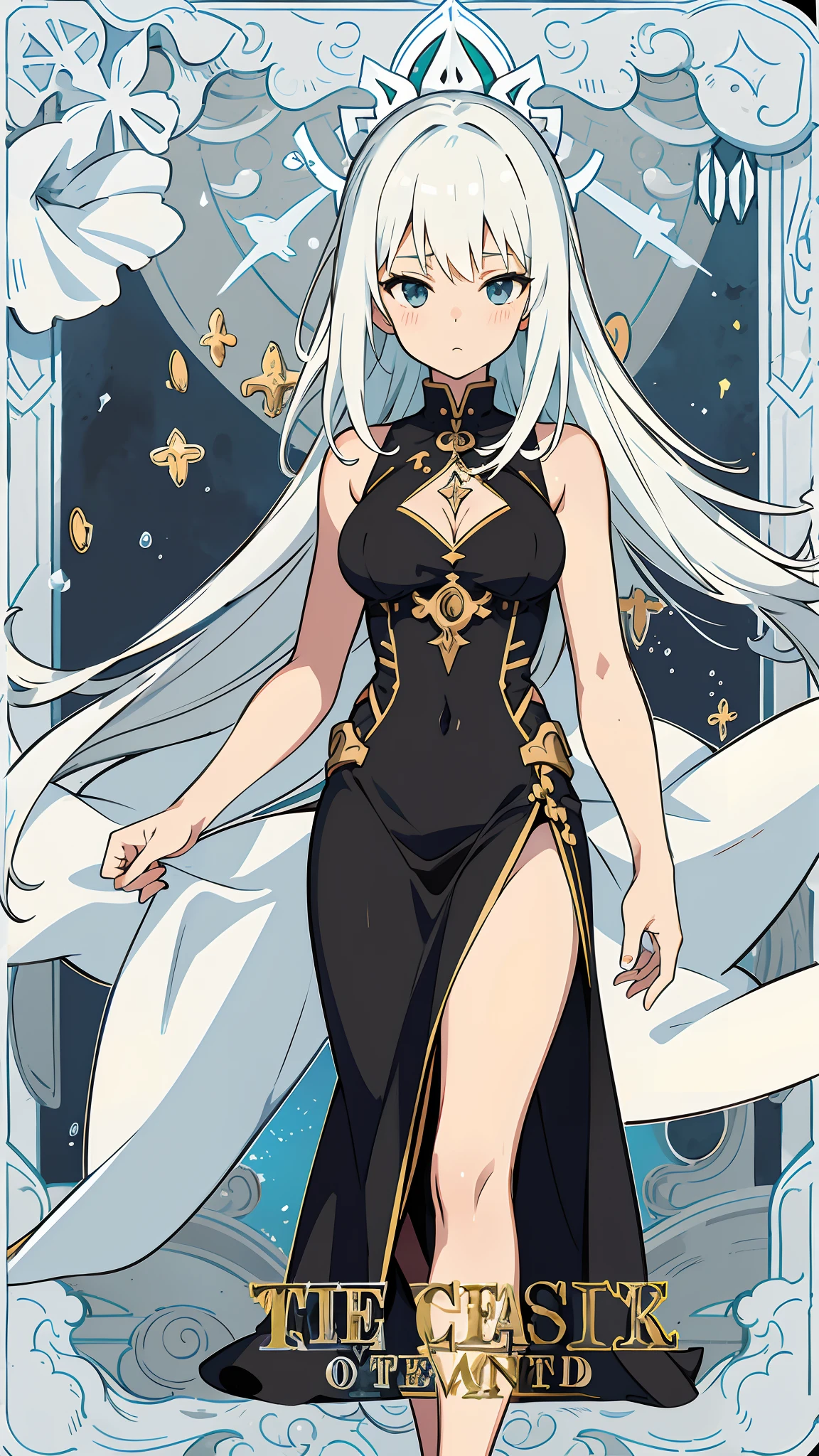 anime tarot card, girl with white hair and tight black dress