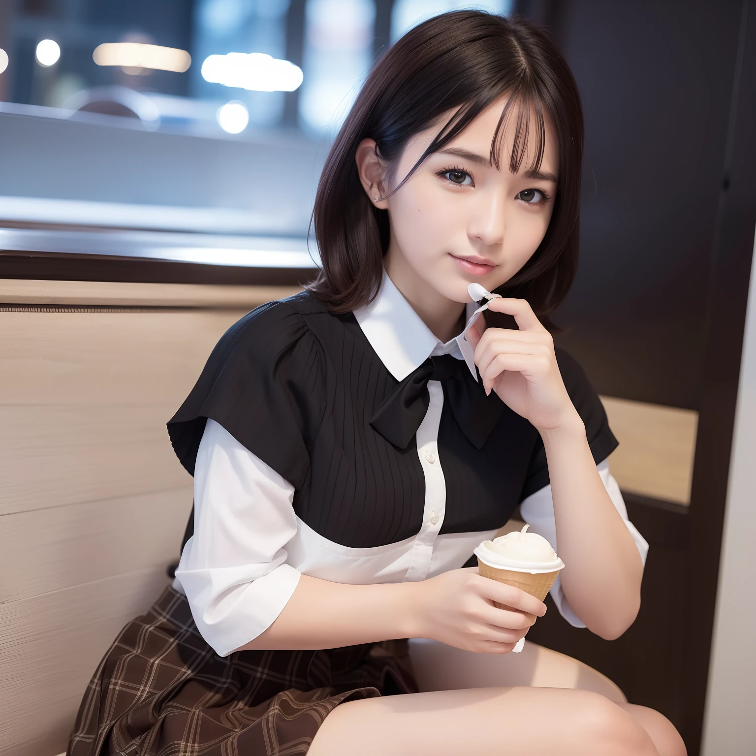 1 girl, (8k, RAW photo, best quality, masterpiece: 1.2), underwear Wet(realistic, photo-realistic: 1.37), ultra-detailed, beautiful, solo, beautiful detailed sky, detailed coffee, night, sitting, (flushed nose), (smile: 1.1), medium breasts, beautiful detailed eyes, long brown hair, (collared shirt: 1.1), bow tie, pleated skirt, (short hair: 1.2), long hair, taking big ice cream,