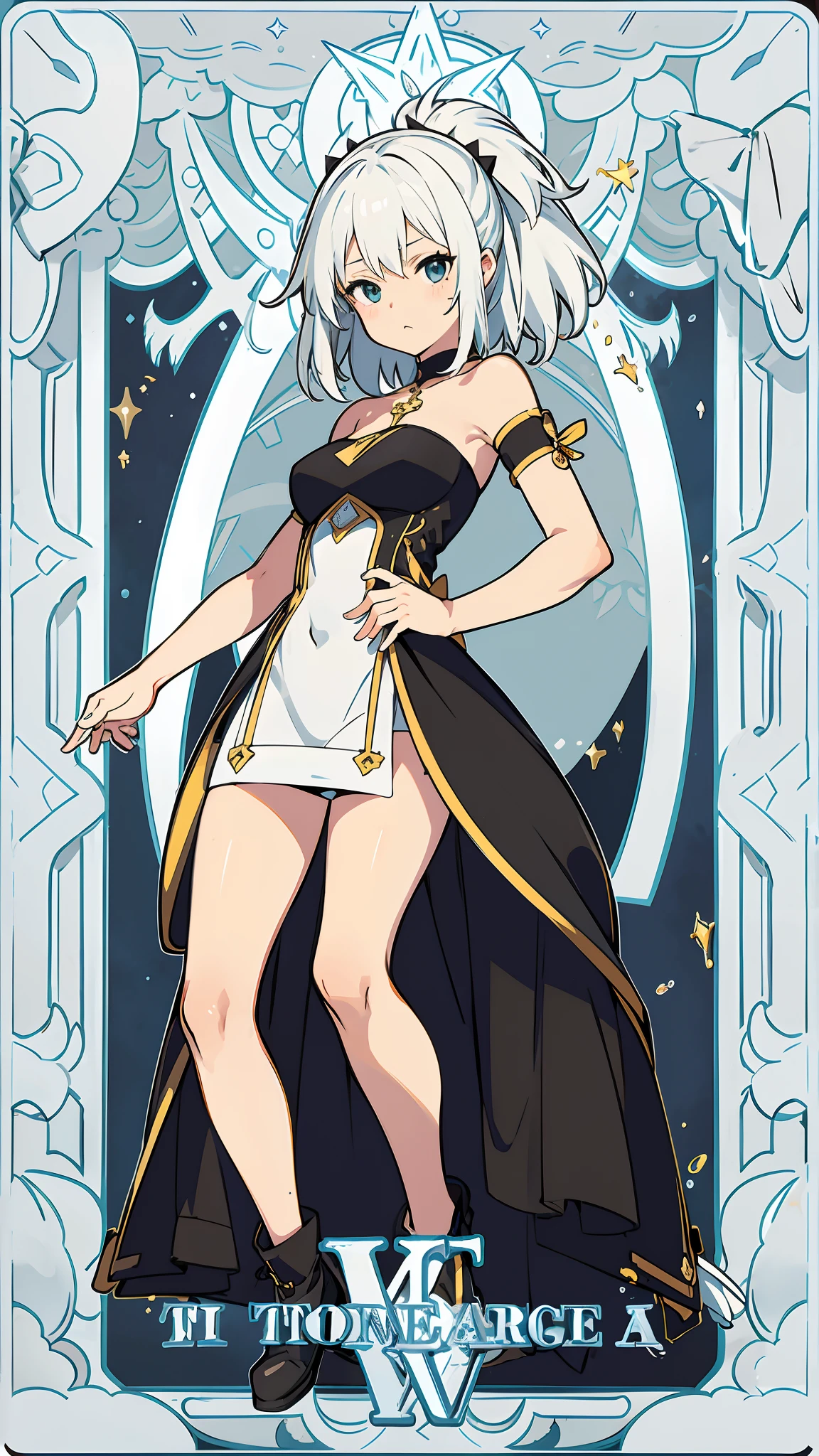 anime tarot card, girl with white hair and tight black dress