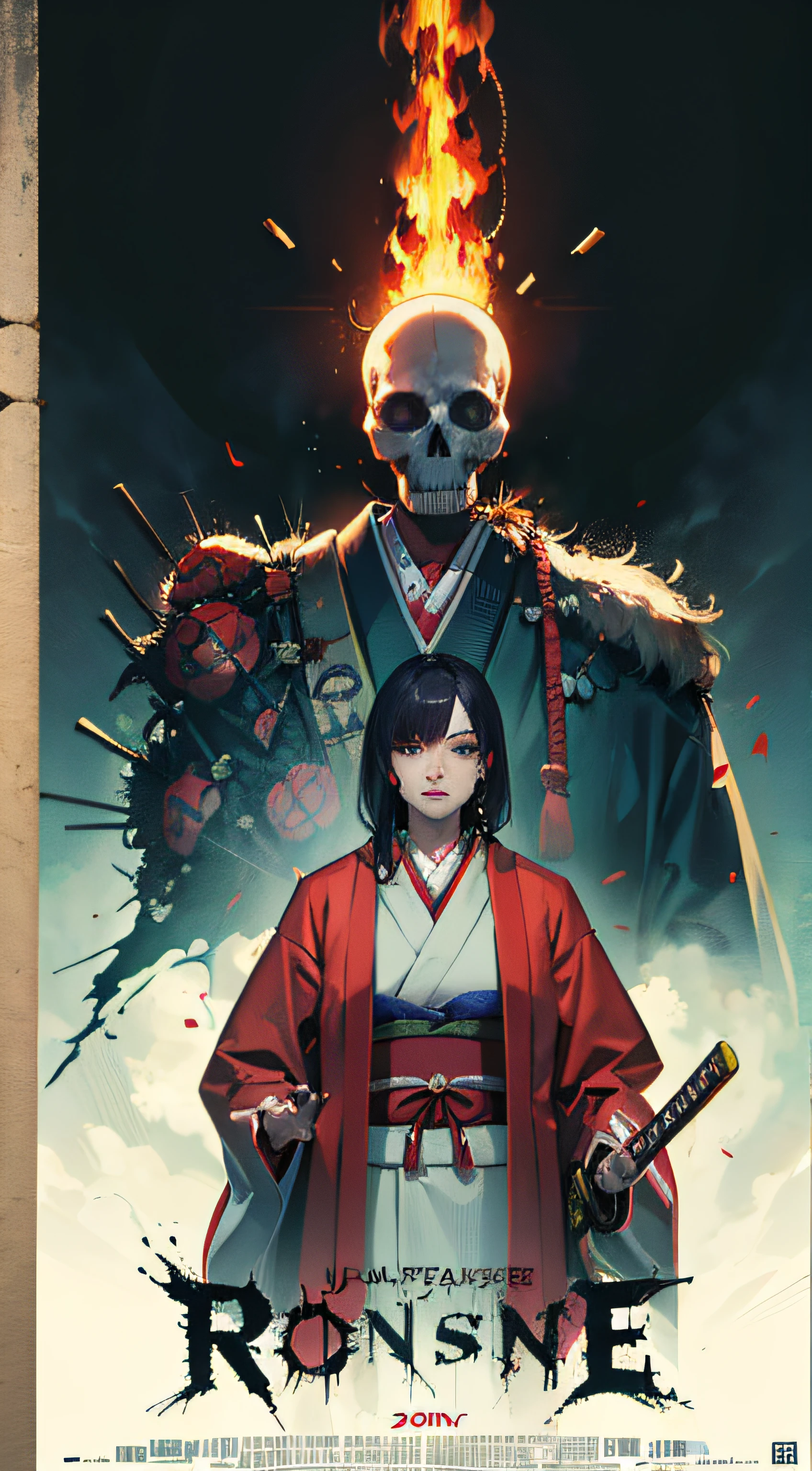 Wearing a kimono with a skeleton pattern,Nude Women,Large Breasts,Big Breasts,There is a torii gate in the background.,The genitals are visible,