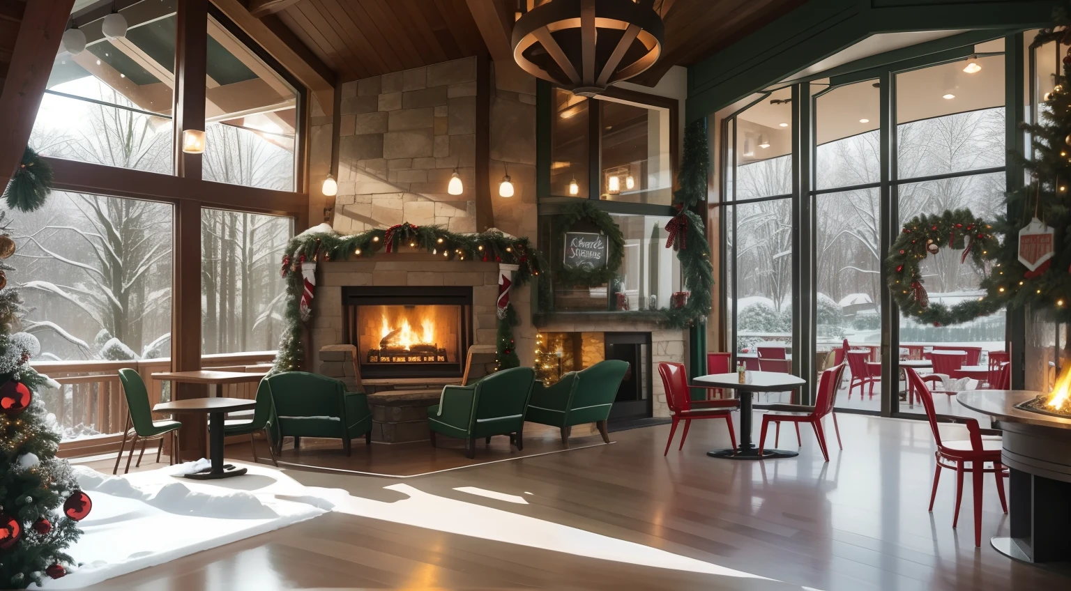 coffeehouse,Inside Christmas decorations green chairs and red tables, fireplace crackling Epic View of Majestic snow