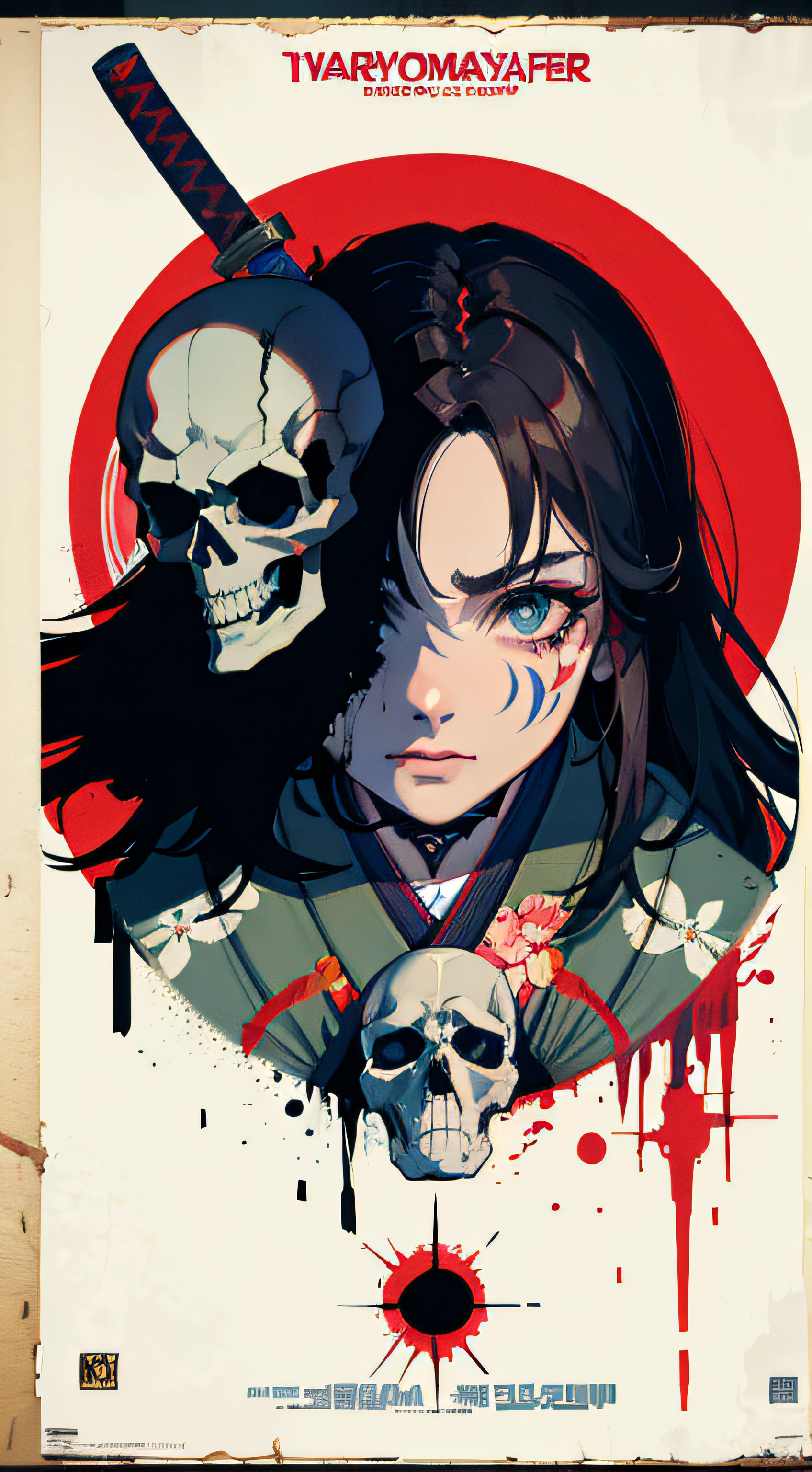 Movie Poster, horror Movies,Movie Based Foundation (((man))), (((masterpiece))), (((AS-Adult))), ((( Japanese ))), zombie ronin, ((( Asian))), katana, rotting flesh, skull, Simon Bisley, For high-resolution movie posters, hair straight, tribal tattoos, Japan