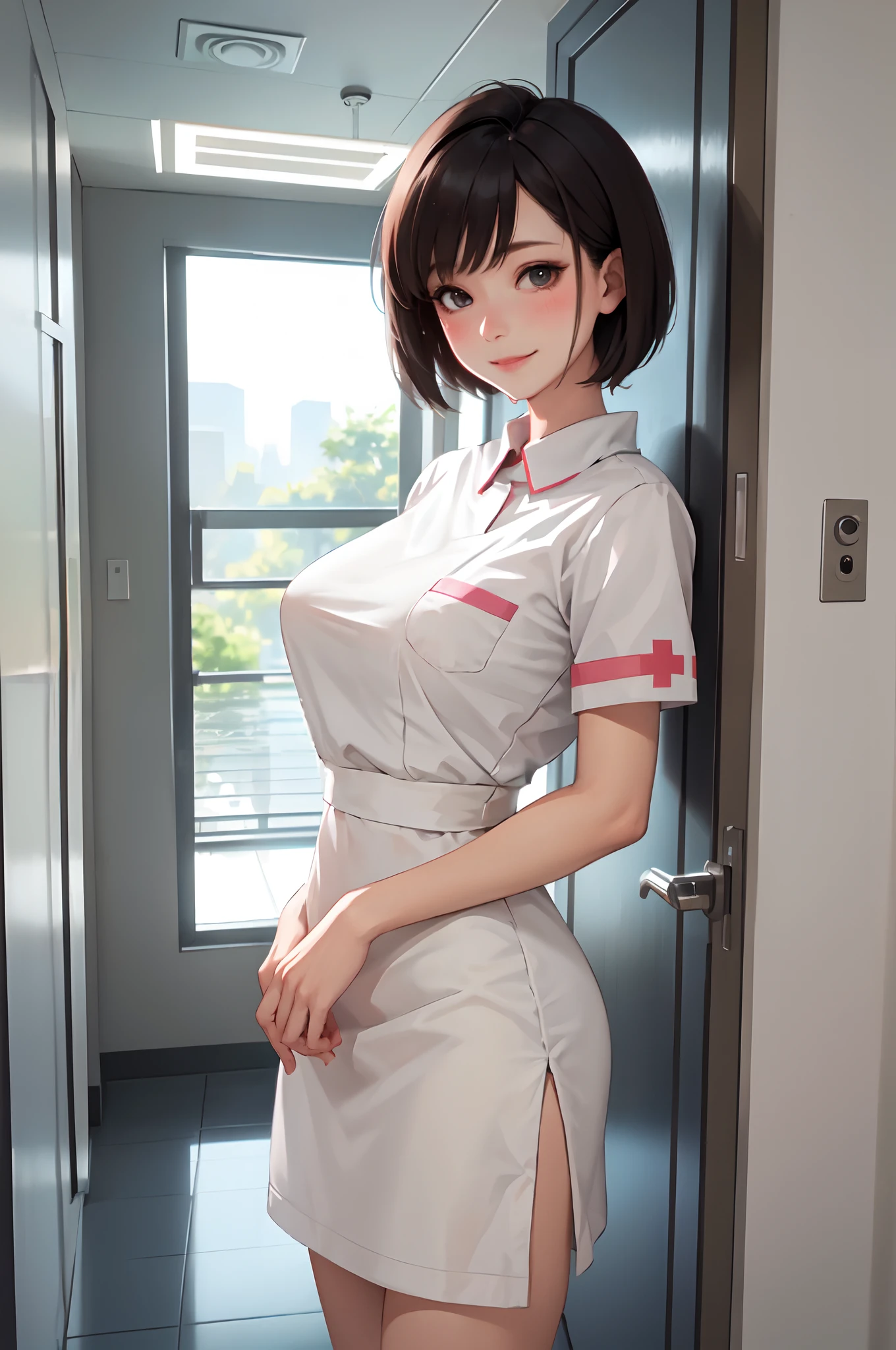 1lady solo standing, nurse, /(nurse uniform/), /(short hair/), blush kind smile, (masterpiece best quality:1.3) delicate illustration ultra-detailed , large breasts BREAK /(hospital hallway/) /(window tree/)