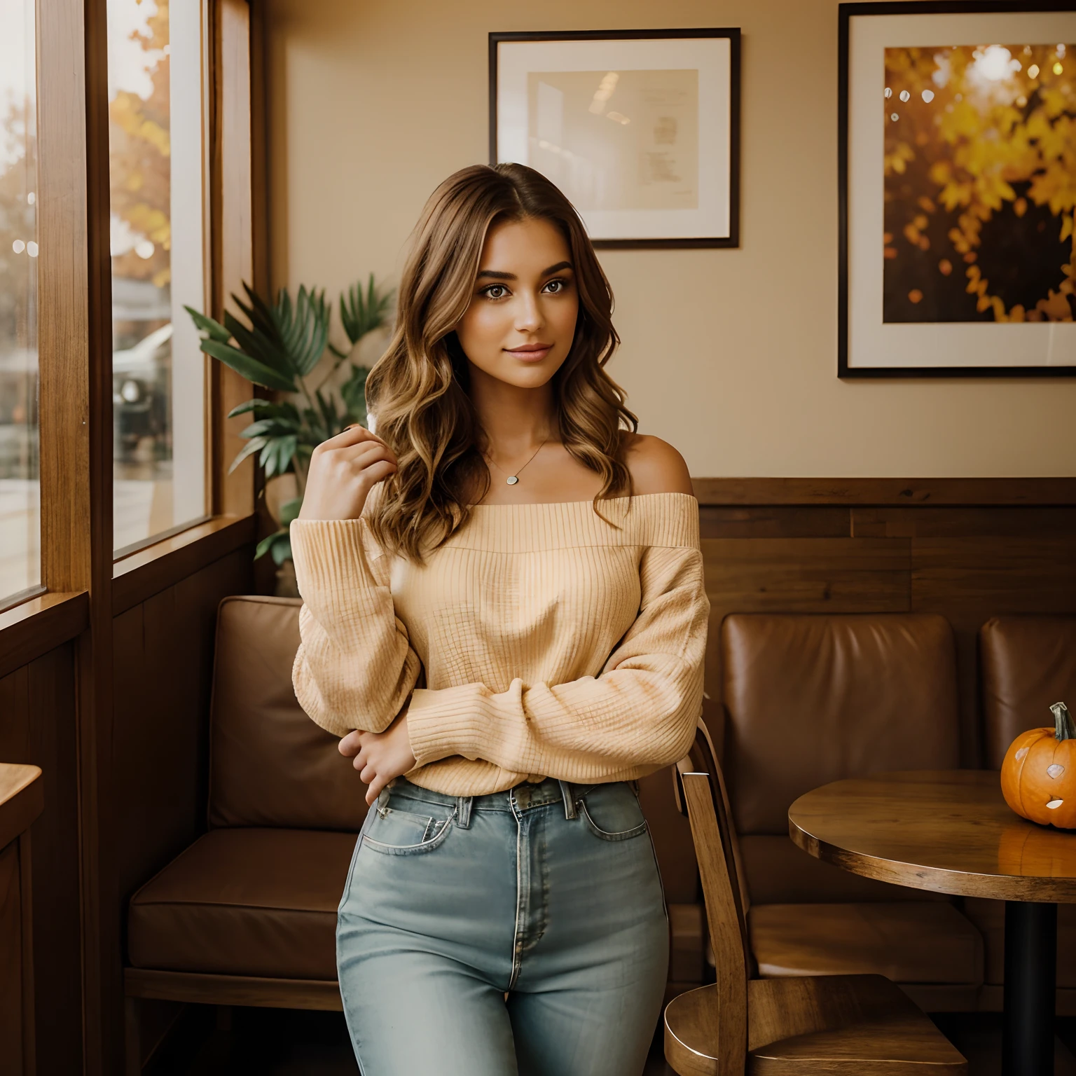 Generate captivating photographs of Autumn, the enchanting influencer, as she indulges in the seasonal delight of a pumpkin spice latte. Autumn, in her mid-20s, stands around 5'4" tall, with long, wavy chestnut hair gracefully draping over her shoulders. Her athletic hourglass figure, elegantly accentuated by a full bust, pairs beautifully with her flawless, sun-kissed tan. Autumn's expressive brown eyes radiate charisma, mirroring her relaxed and confident demeanor.
Autumn's cozy chic ensemble perfectly captures the essence of the season. She wears an alluring off-the-shoulder sweater in an inviting color, showcasing her neckline and collarbone. Paired with snug-fitting, high-waisted jeans, this ensemble highlights her figure with sophistication.
The charming, rustic coffee shop setting immerses Autumn in the warmth of fall, adorned with autumnal decor that enhances the cozy ambiance. Soft, diffused lighting envelops her in a golden glow, creating an inviting atmosphere. The surroundings include cozy seating, rustic wooden tables, and the rich aroma of freshly brewed coffee, all capturing the essence of Autumn's delightful pumpkin spice latte experience.
In candid moments, Autumn enjoys her latte, lost in thought while gazing out of the window or sharing a bright smile. The photos capture the coziness and tranquility of the coffee shop, reflecting the simple joy of sipping a warm, whipped cream and cinnamon-topped beverage. Natural lighting enhances the inviting atmosphere, bringing to life the essence of Autumn's heartwarming coffee moments.
With intense makeup, a cozy atmosphere, and features that are meticulously symmetrical, the photos embrace photorealistic techniques like path tracing, specular lighting, volumetric face light, path-traced hair, visible shadows, and intricate details. This creates an elaborate and hyper-realistic portrayal of Autumn's heartwarming pumpkin spice latte moments.