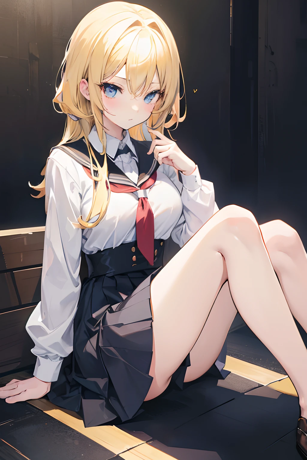 Anime girl cute, tall, blonde hair, 8k wallpaper, thighs, dark black school girl clothes, slim, sexy, sitting