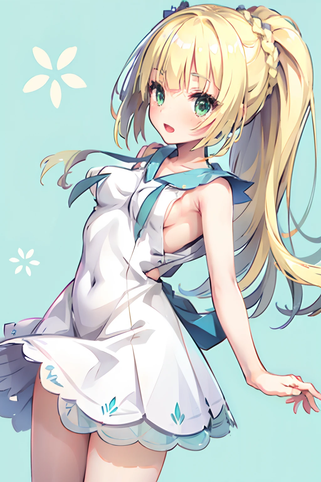 One girl,a blond,poneyTail,lillie,Green eyes,arms back,nimbly,Beautiful steppe,Good luck Lily,A pokémon,White Dress,Raising,verd s eyes,small tits,Smile with open mouth,Beautiful steppe,blushed face,closing eye,huge smile,Top image quality,masutepiece,Best Quality