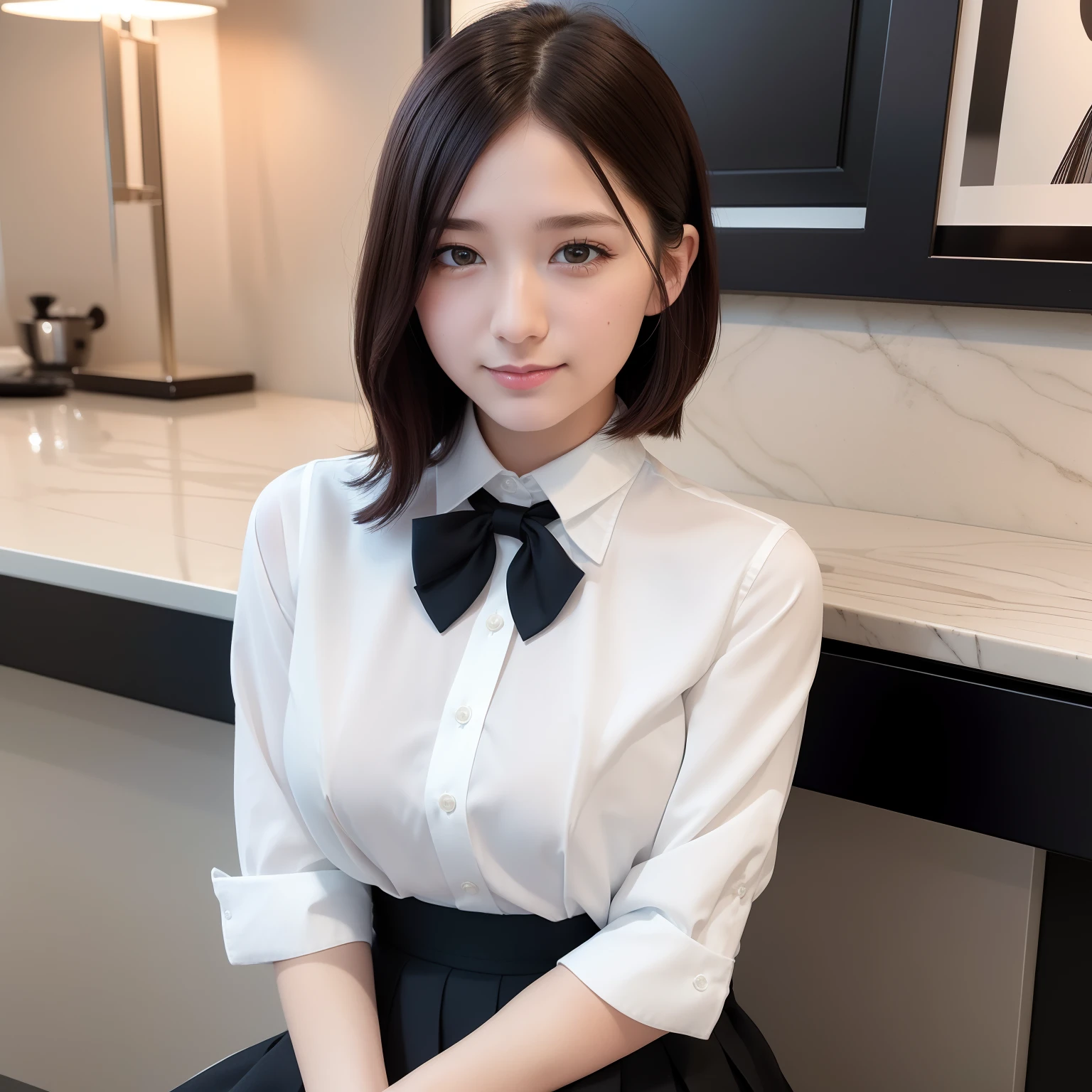 (8k, RAW photos, top quality, masterpieces: 1.2), (realistic, photorealistic: 1.37), super detailed, 1 girl, cute, solo, beautiful detailed sky, detailed coffee, night, sitting, (flushed nose), (smile: 1.1), (mouth closed), medium breasts, beautiful detail eyes, (collared shirt: 1.1), bow tie, pleated skirt, (short hair: 1.2), long hair,