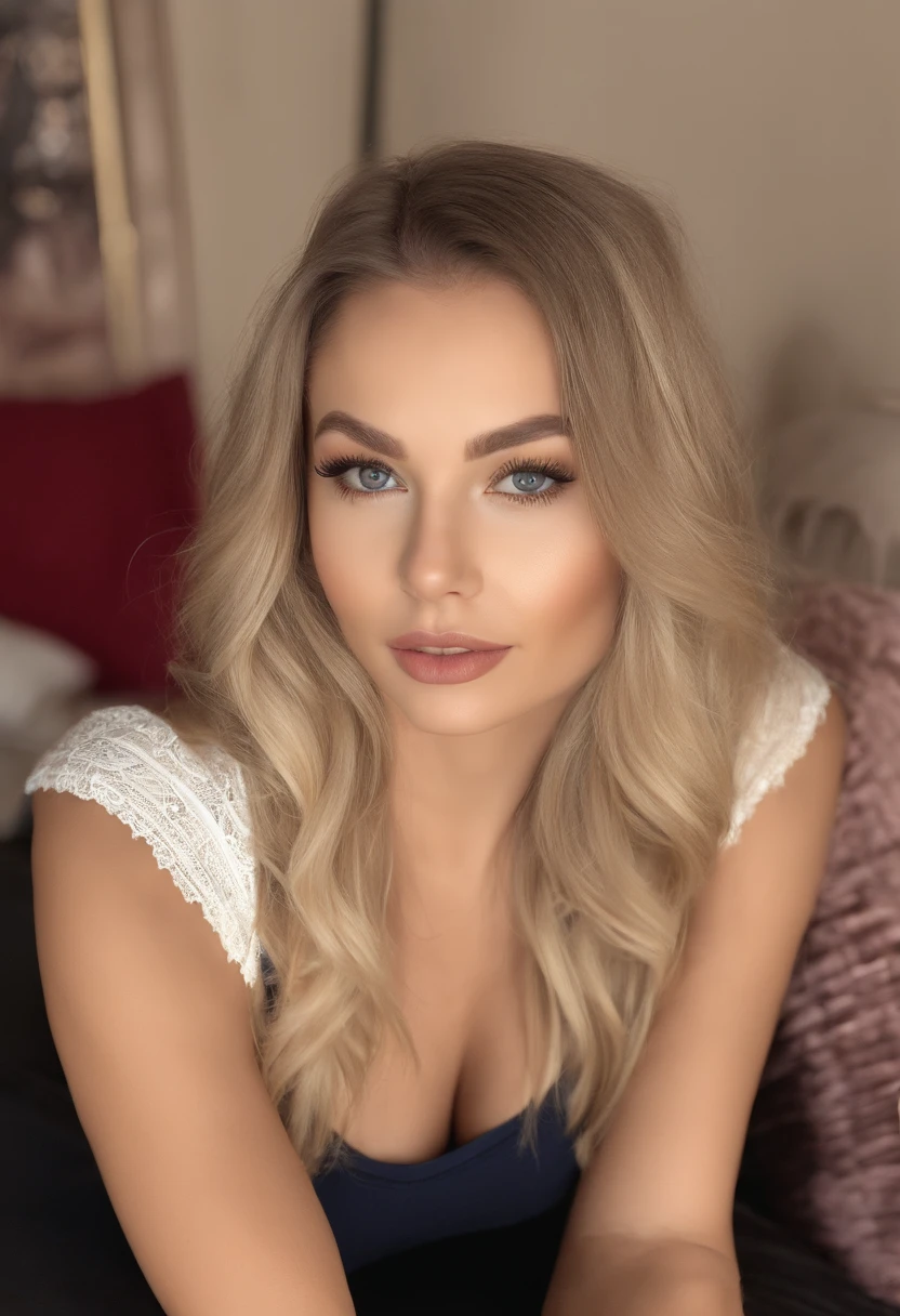 Woman in matching tank top and panties, Sexy girl with blue eyes, Portrait of Sophie Mudd, Portrait of Korina Cope, Blonde hair and big eyes, Selfie of a young woman, One's makeup, Natural makeup, Look directly into the camera, Faces with artgrams, Dezentes Makeup, Great full-body photos, in the bedroom, large full breasts, a blond, Latina, gym
