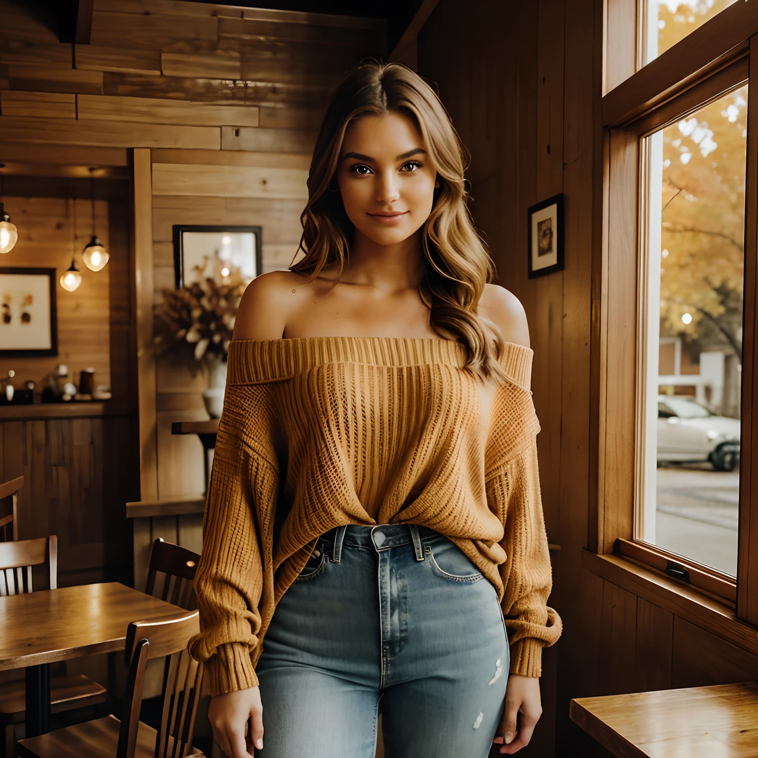 Generate captivating photographs of Autumn, the enchanting influencer, as she indulges in the seasonal delight of a pumpkin spice latte. Autumn, in her mid-20s, stands around 5'4" tall, with long, wavy chestnut hair gracefully draping over her shoulders. Her athletic hourglass figure, elegantly accentuated by a full bust, pairs beautifully with her flawless, sun-kissed tan. Autumn's expressive brown eyes radiate charisma, mirroring her relaxed and confident demeanor.

Autumn's cozy chic ensemble perfectly captures the essence of the season. She wears an alluring off-the-shoulder sweater in an inviting color, showcasing her neckline and collarbone. Paired with snug-fitting, high-waisted jeans, this ensemble highlights her figure with sophistication.

The charming, rustic coffee shop setting immerses Autumn in the warmth of fall, adorned with autumnal decor that enhances the cozy ambiance. Soft, diffused lighting envelops her in a golden glow, creating an inviting atmosphere. The surroundings include cozy seating, rustic wooden tables, and the rich aroma of freshly brewed coffee, all capturing the essence of Autumn's delightful pumpkin spice latte experience.

In candid moments, Autumn enjoys her latte, lost in thought while gazing out of the window or sharing a bright smile. The photos capture the coziness and tranquility of the coffee shop, reflecting the simple joy of sipping a warm, whipped cream and cinnamon-topped beverage. Natural lighting enhances the inviting atmosphere, bringing to life the essence of Autumn's heartwarming coffee moments.

With intense makeup, a cozy atmosphere, and features that are meticulously symmetrical, the photos embrace photorealistic techniques like path tracing, specular lighting, volumetric face light, path-traced hair, visible shadows, and intricate details. This creates an elaborate and hyper-realistic portrayal of Autumn's heartwarming pumpkin spice latte moments.