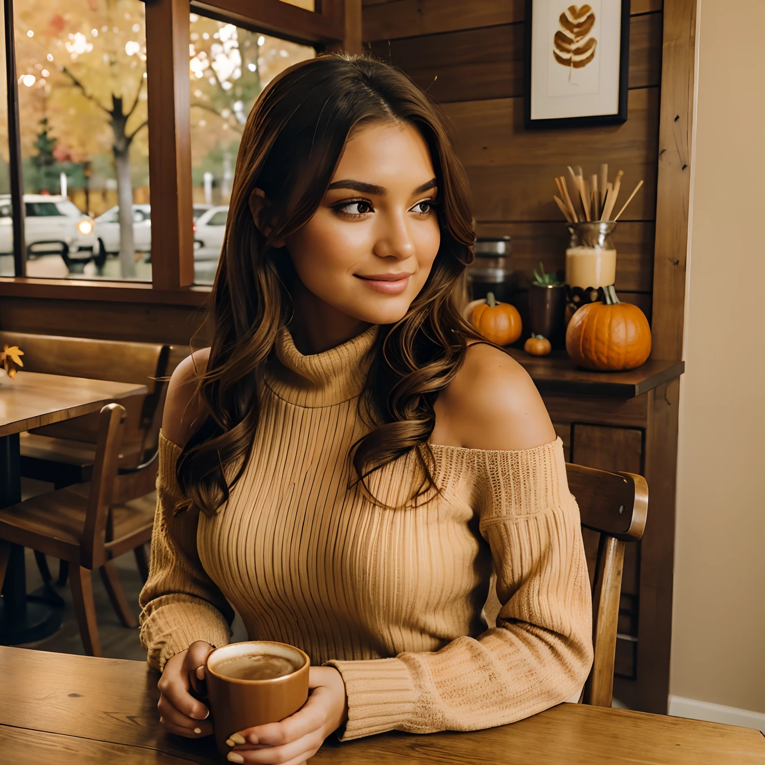Generate captivating photographs of Autumn, the enchanting influencer, as she indulges in the seasonal delight of a pumpkin spice latte. Autumn, in her mid-20s, stands around 5'4" tall, with long, wavy chestnut hair gracefully draping over her shoulders. Her athletic hourglass figure, elegantly accentuated by a full bust, pairs beautifully with her flawless, sun-kissed tan. Autumn's expressive brown eyes radiate charisma, mirroring her relaxed and confident demeanor.
Autumn's cozy chic ensemble perfectly captures the essence of the season. She wears an alluring off-the-shoulder sweater in an inviting color, showcasing her neckline and collarbone. Paired with snug-fitting, high-waisted jeans, this ensemble highlights her figure with sophistication.
The charming, rustic coffee shop setting immerses Autumn in the warmth of fall, adorned with autumnal decor that enhances the cozy ambiance. Soft, diffused lighting envelops her in a golden glow, creating an inviting atmosphere. The surroundings include cozy seating, rustic wooden tables, and the rich aroma of freshly brewed coffee, all capturing the essence of Autumn's delightful pumpkin spice latte experience.
In candid moments, Autumn enjoys her latte, lost in thought while gazing out of the window or sharing a bright smile. The photos capture the coziness and tranquility of the coffee shop, reflecting the simple joy of sipping a warm, whipped cream and cinnamon-topped beverage. Natural lighting enhances the inviting atmosphere, bringing to life the essence of Autumn's heartwarming coffee moments.
With intense makeup, a cozy atmosphere, and features that are meticulously symmetrical, the photos embrace photorealistic techniques like path tracing, specular lighting, volumetric face light, path-traced hair, visible shadows, and intricate details. This creates an elaborate and hyper-realistic portrayal of Autumn's heartwarming pumpkin spice latte moments.
