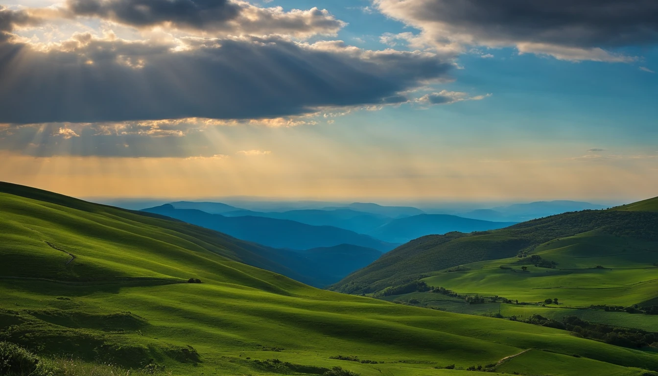 The blue sky meets the horizon and the green of the mountains, donde a esta hora empieza a desperezarse el sol ,al pie se ve un extenso poblado,